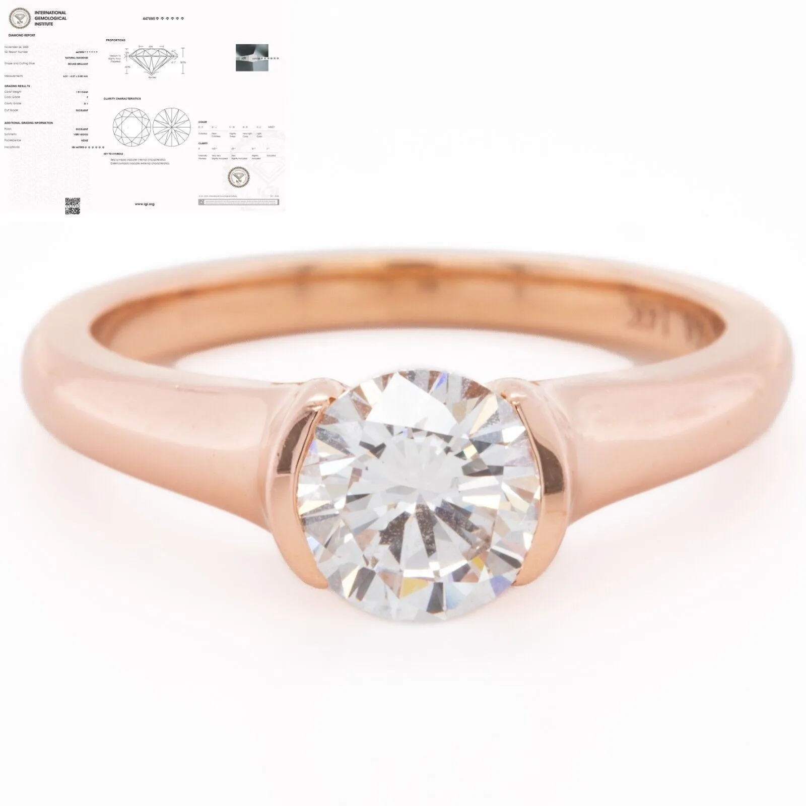 14k Rose Gold Round IGI Diamond Solitaire Engagement Ring 1.01ct F SI1 size 6