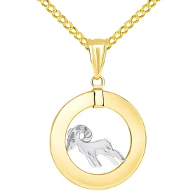 14k Two Tone Gold Open Circle Aries Zodiac Sign Pendant Cuban Necklace