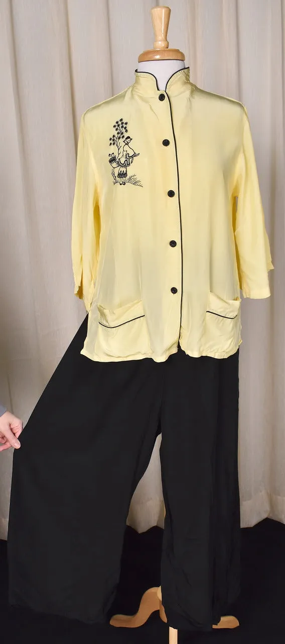 1940s Yellow & Black Embroidered Rayon PJs