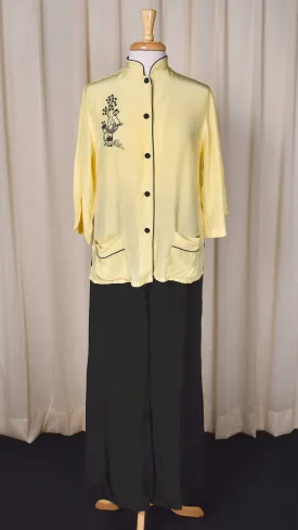 1940s Yellow & Black Embroidered Rayon PJs