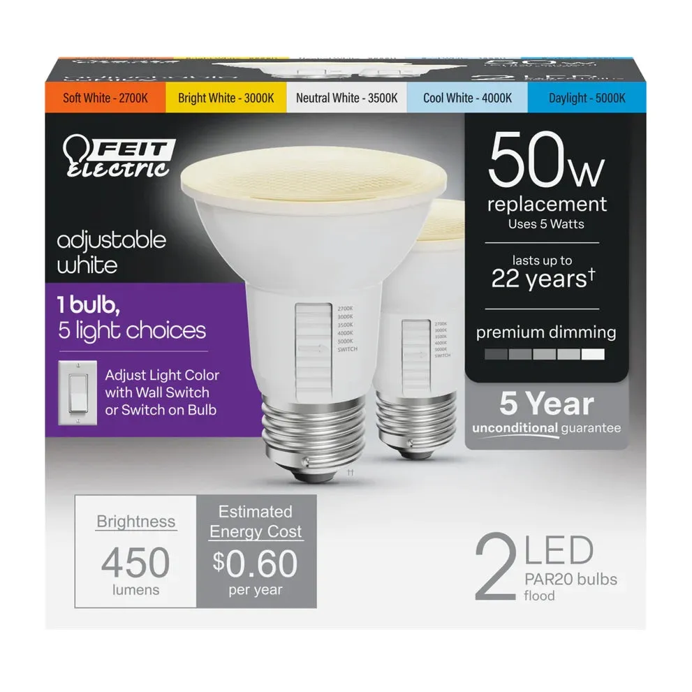 2-Pack 50W Adjustable White PAR20 LED Light Bulbs PAR20DM/6WYCA/2