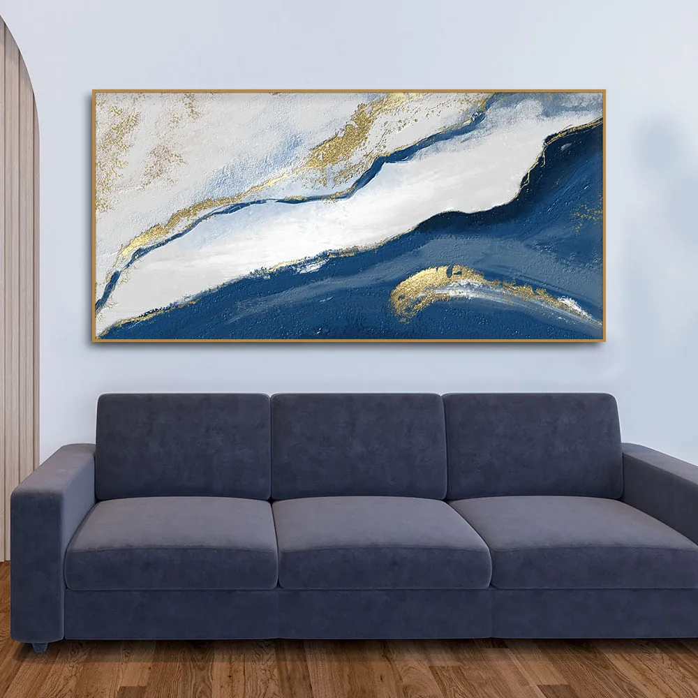 Abstract Seascape Blue and Gold Line art Canvas Wall Painting