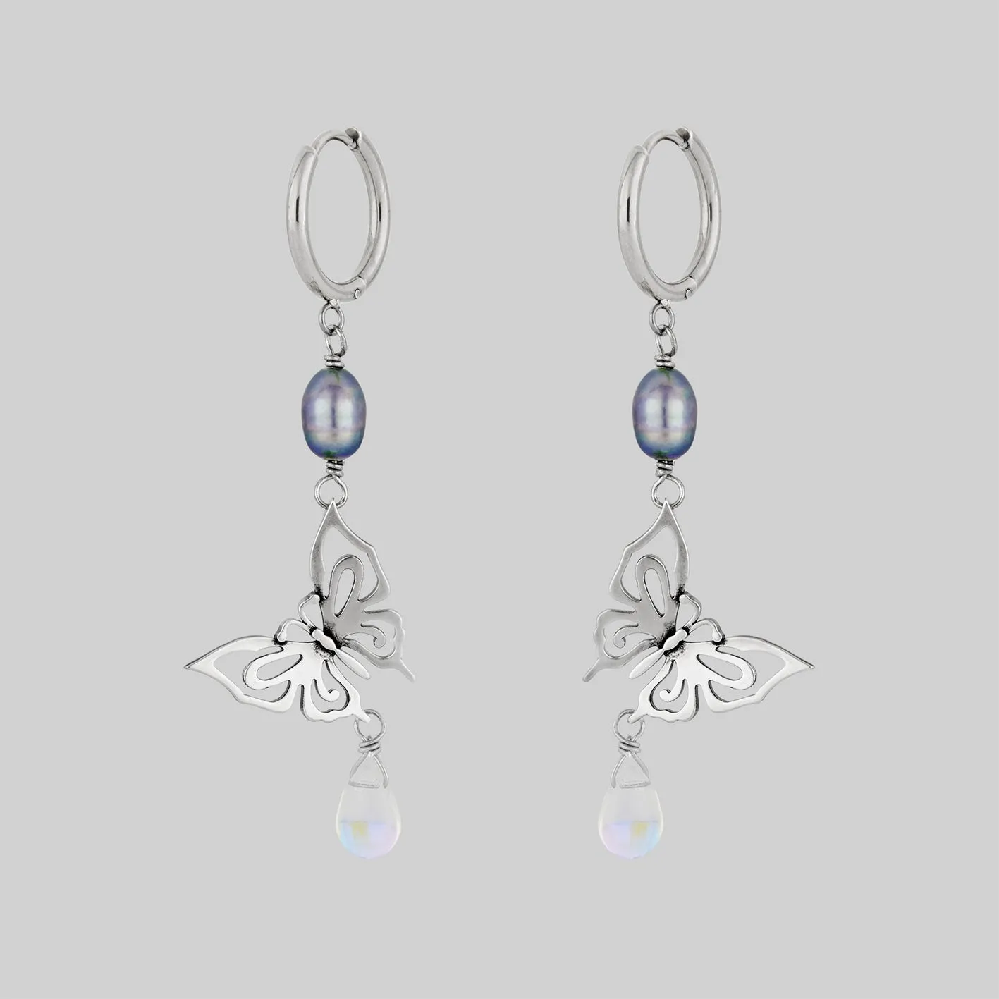 ANTHEIA. Iridescent Butterfly Droplet Hoop Earrings - Silver