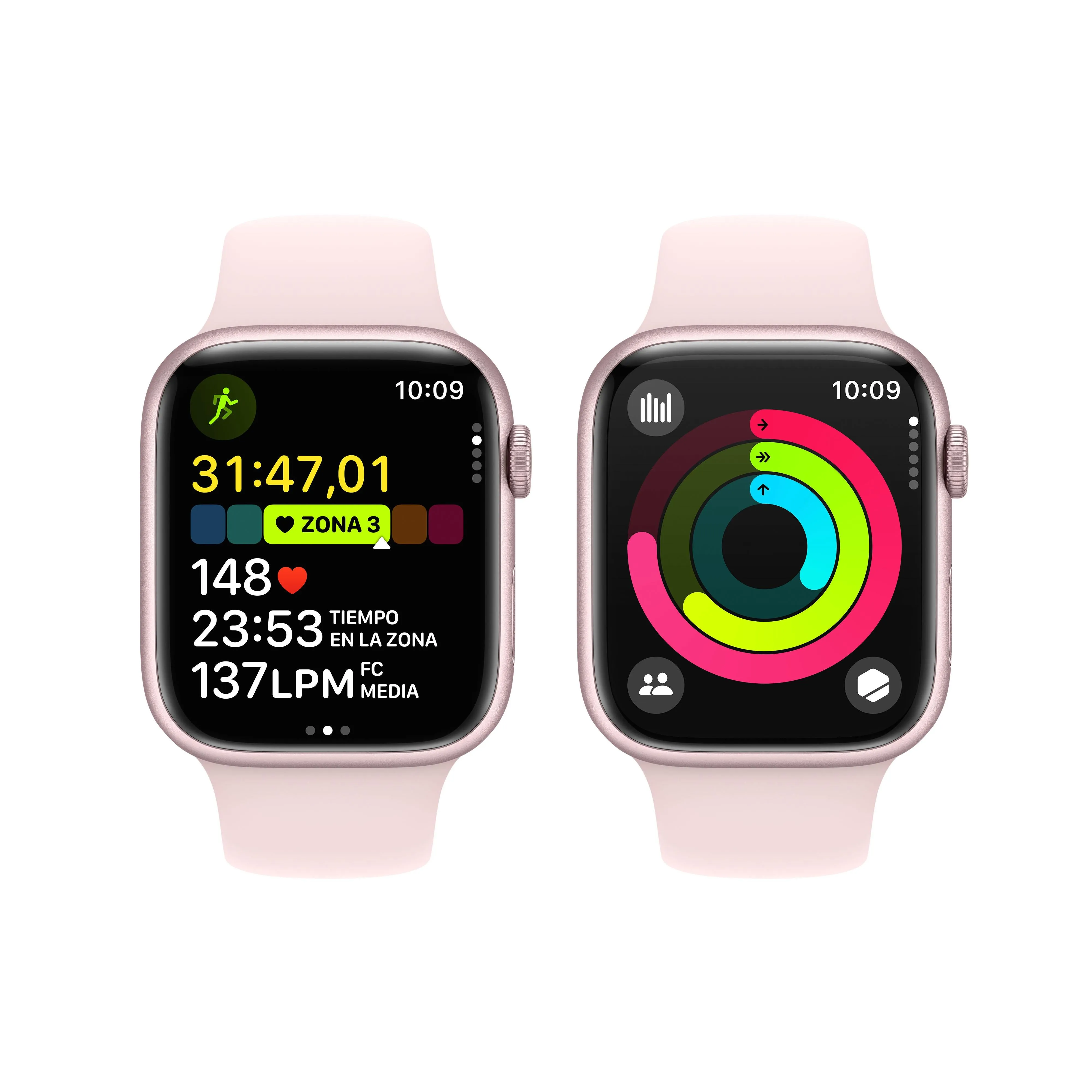 Apple Watch Series 9 (GPS) - Caja de aluminio en rosa de 45 mm - Correa deportiva rosa claro - Talla M/L