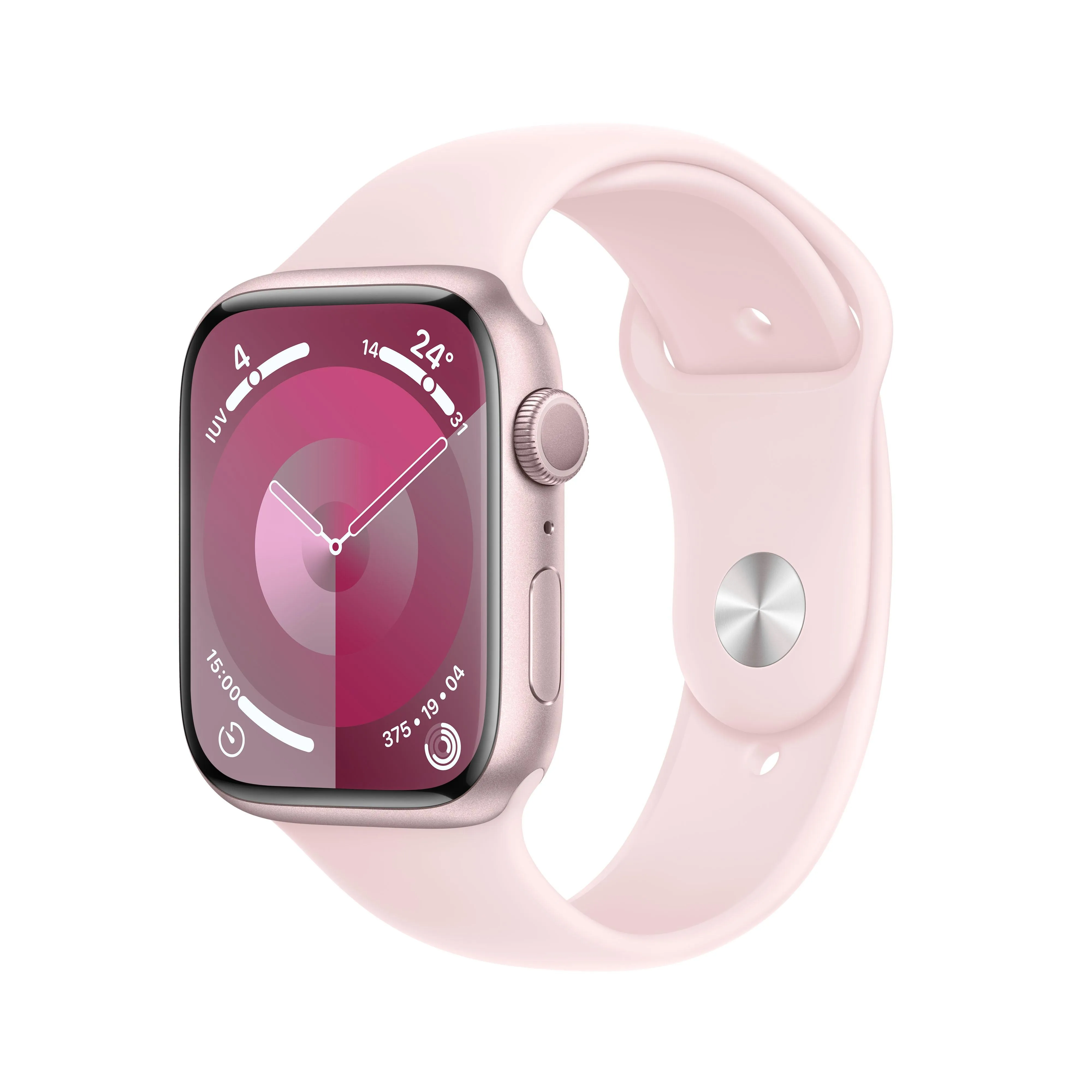 Apple Watch Series 9 (GPS) - Caja de aluminio en rosa de 45 mm - Correa deportiva rosa claro - Talla M/L