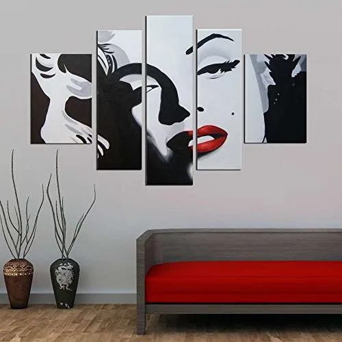 ARTLAND MODERN 100% HAND PAINTED OIL PAINTING ON CANVAS "SEXY MARILYN MONROE" 5-PIECE FAMOUS PEOPLE FRAMED WALL ART READY TO HANG FOR LIVING ROOM ARTWORK FOR WALL DECOR HOME DECORATION 26X48INCHES