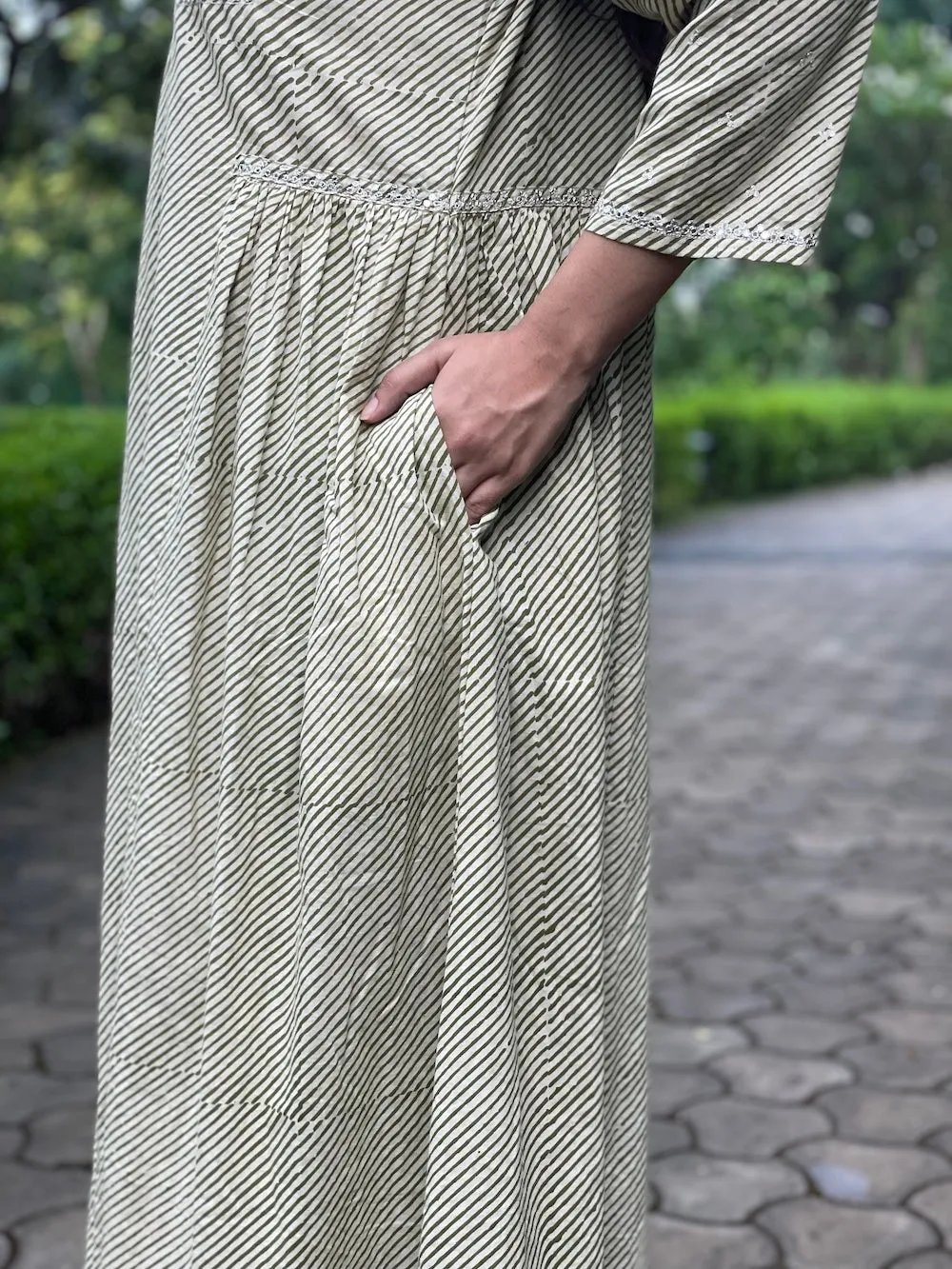 Bagru Sap Green Stripes Embroidered Kurta