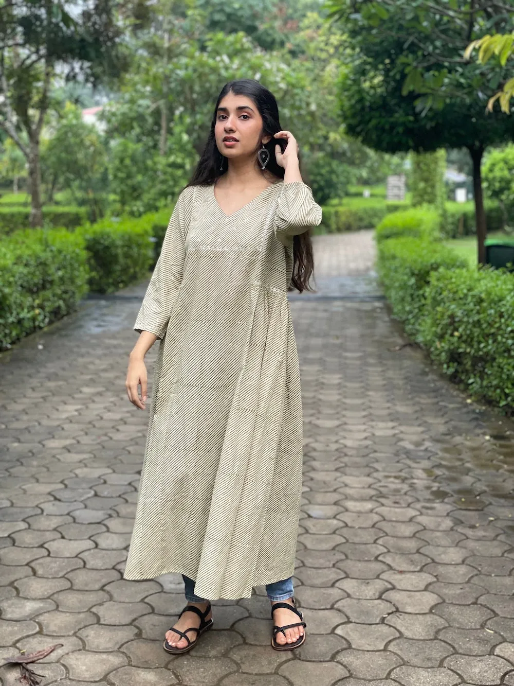 Bagru Sap Green Stripes Embroidered Kurta