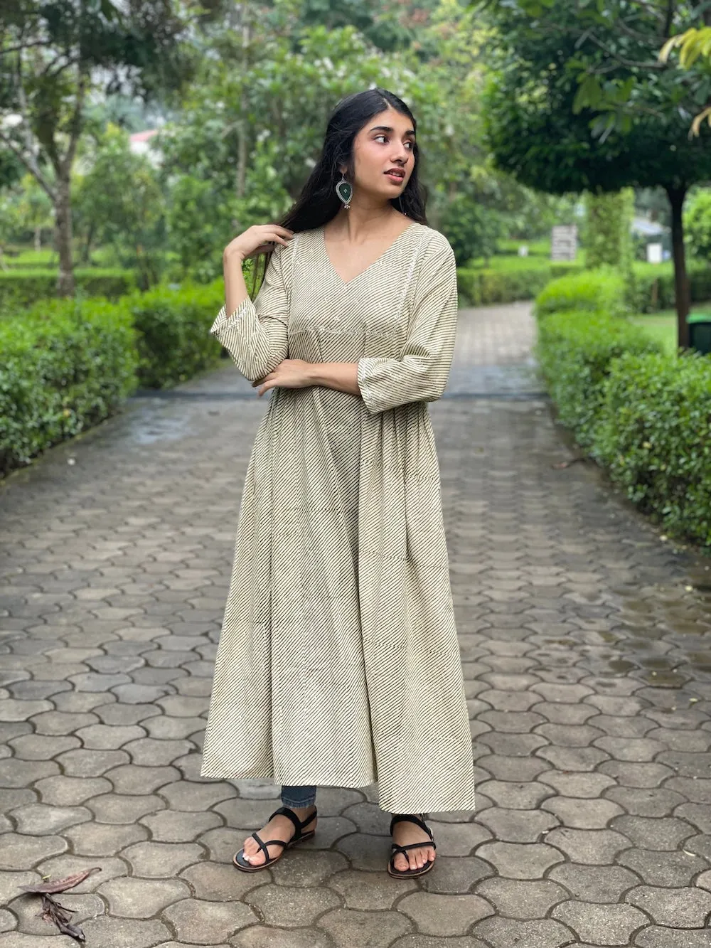 Bagru Sap Green Stripes Embroidered Kurta