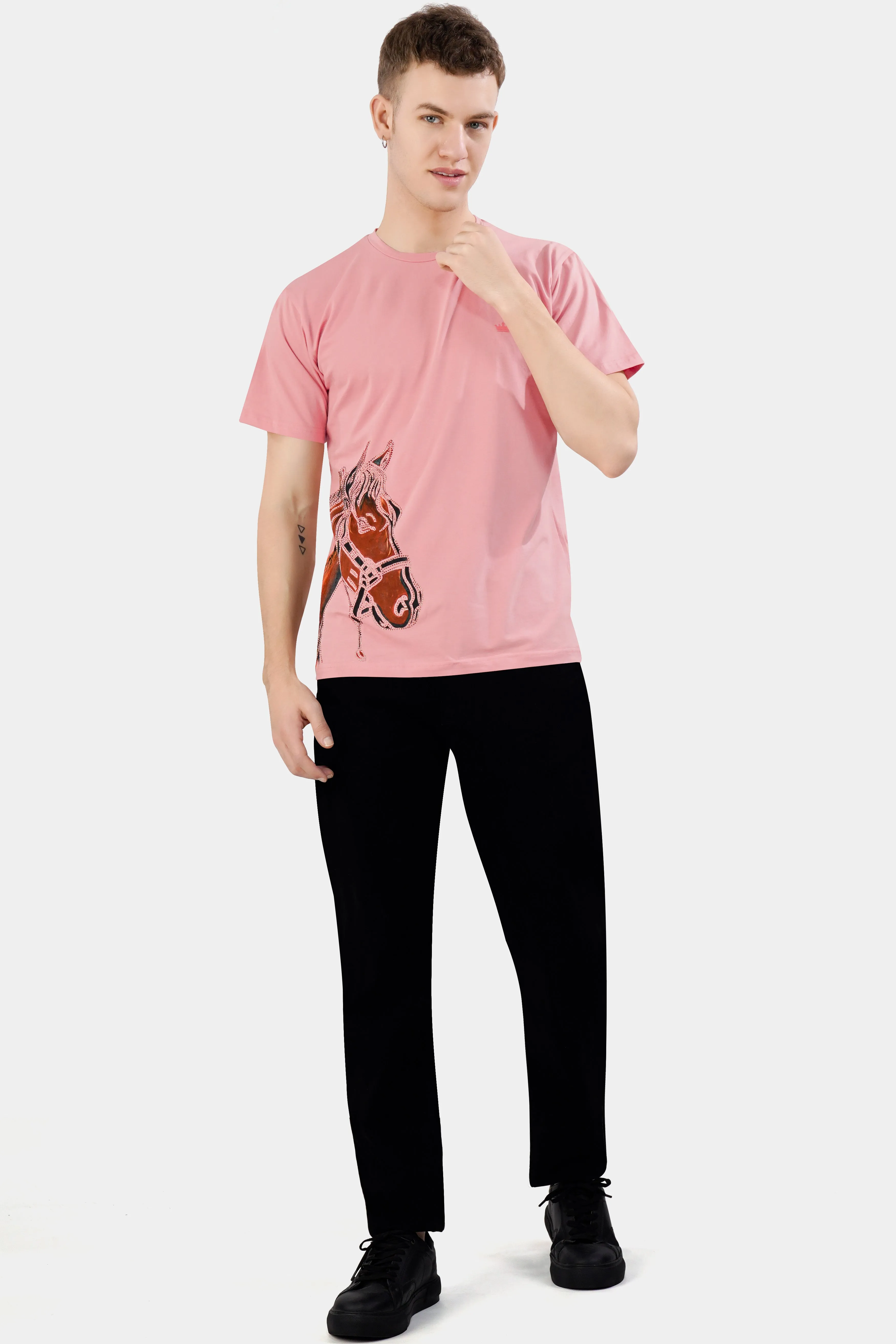 Beauty Bush Pink Funky Horse Hand Painted with Stonwork Organic Cotton T-Shirt