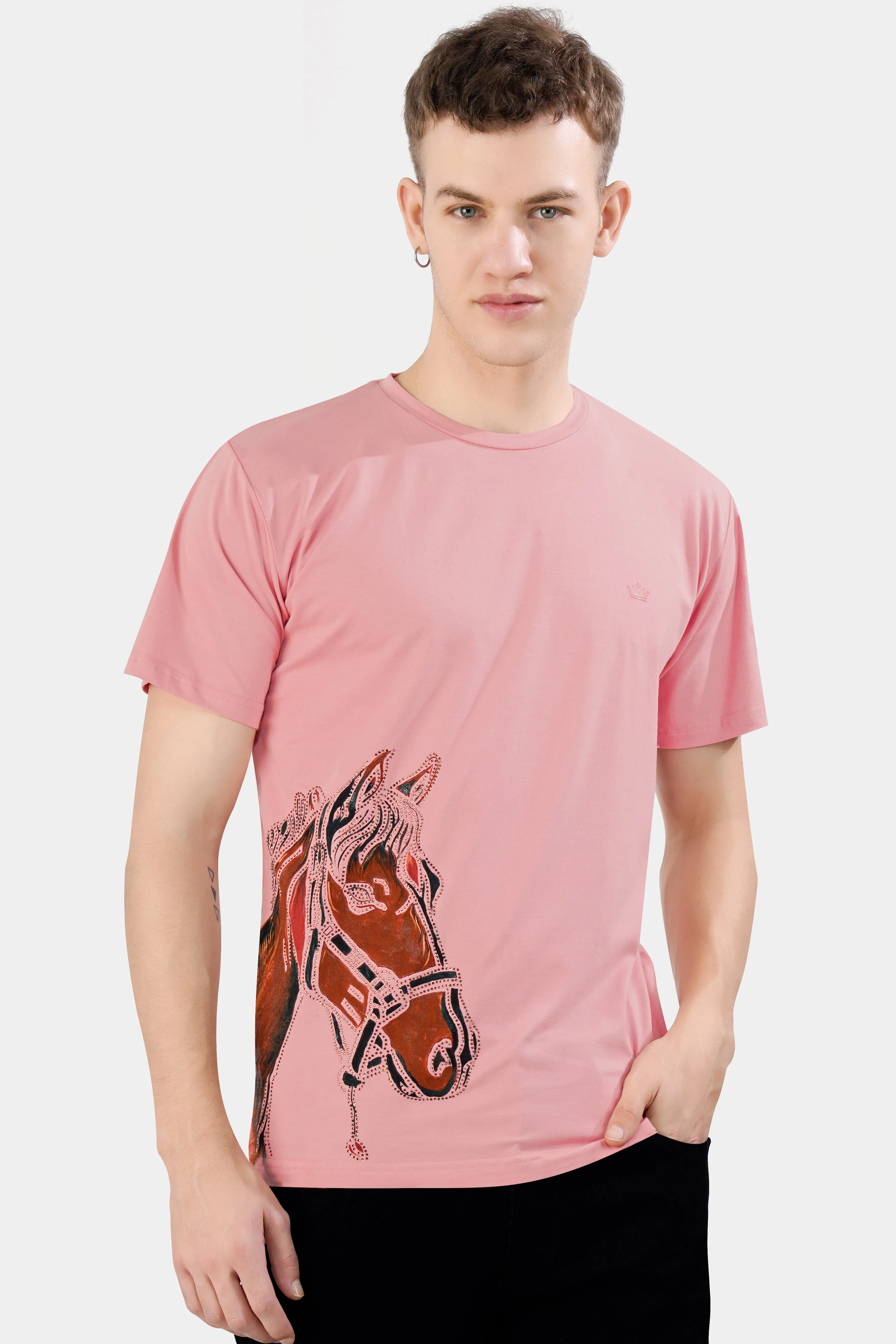 Beauty Bush Pink Funky Horse Hand Painted with Stonwork Organic Cotton T-Shirt