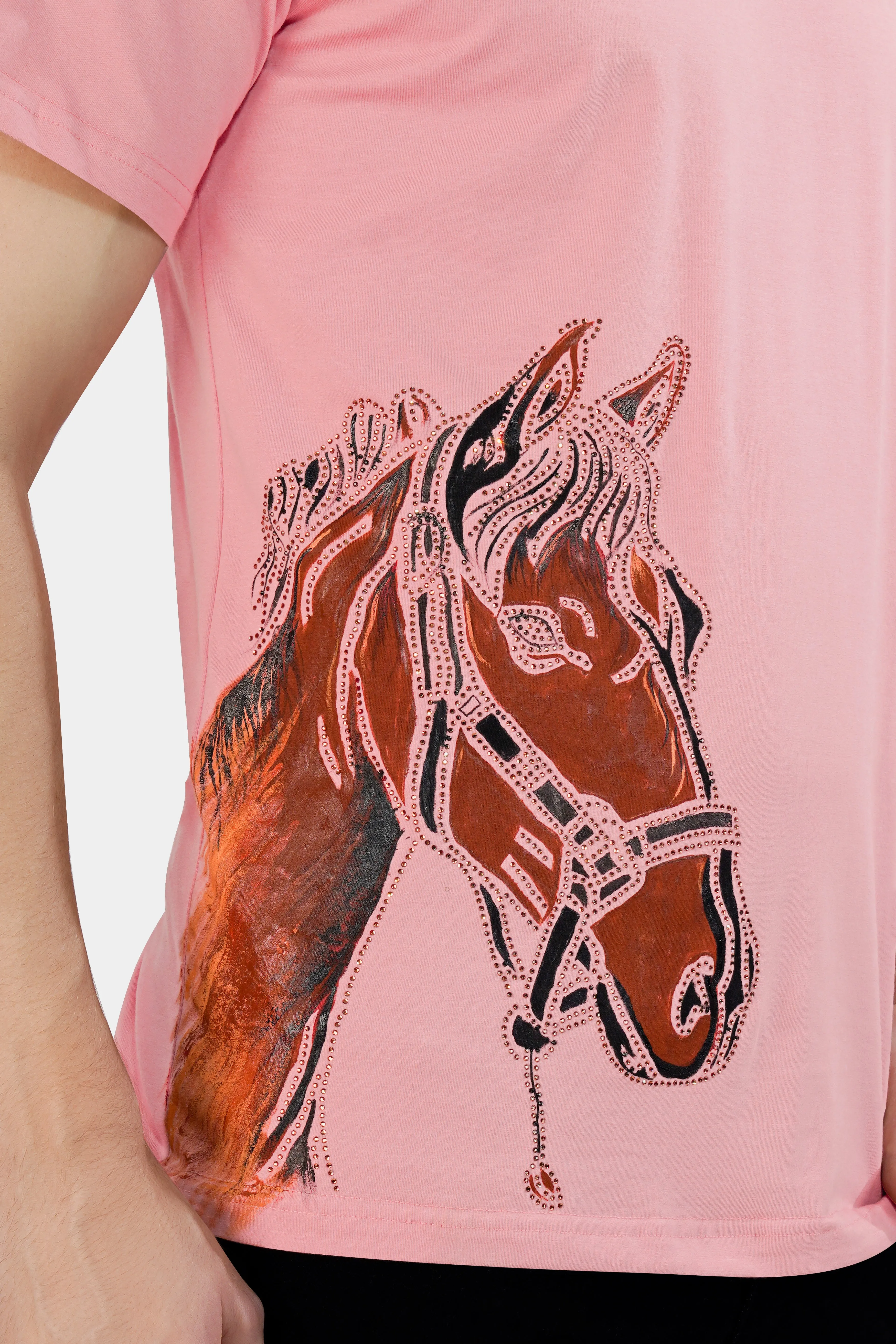 Beauty Bush Pink Funky Horse Hand Painted with Stonwork Organic Cotton T-Shirt