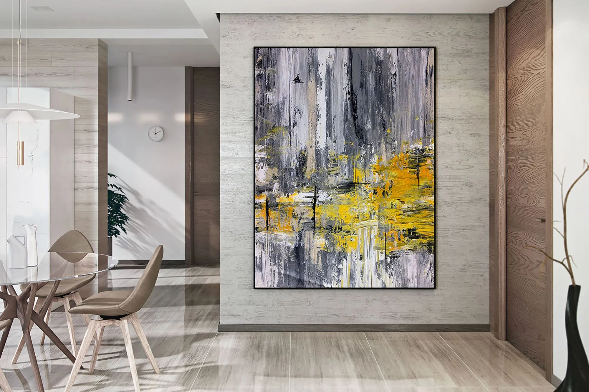 Black And White Abstract Painting Yellow Knife Painting Fp086