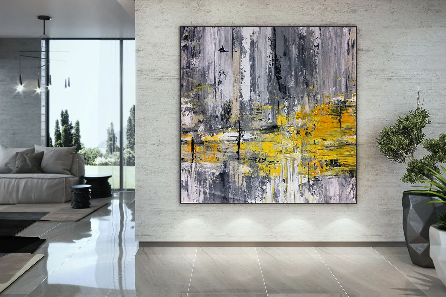 Black And White Abstract Painting Yellow Knife Painting Fp086