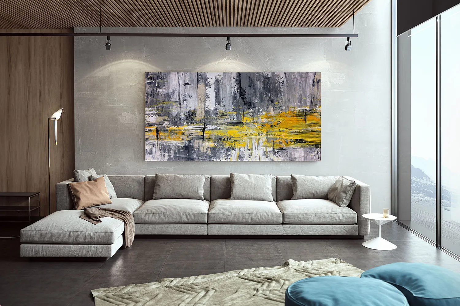 Black And White Abstract Painting Yellow Knife Painting Fp086