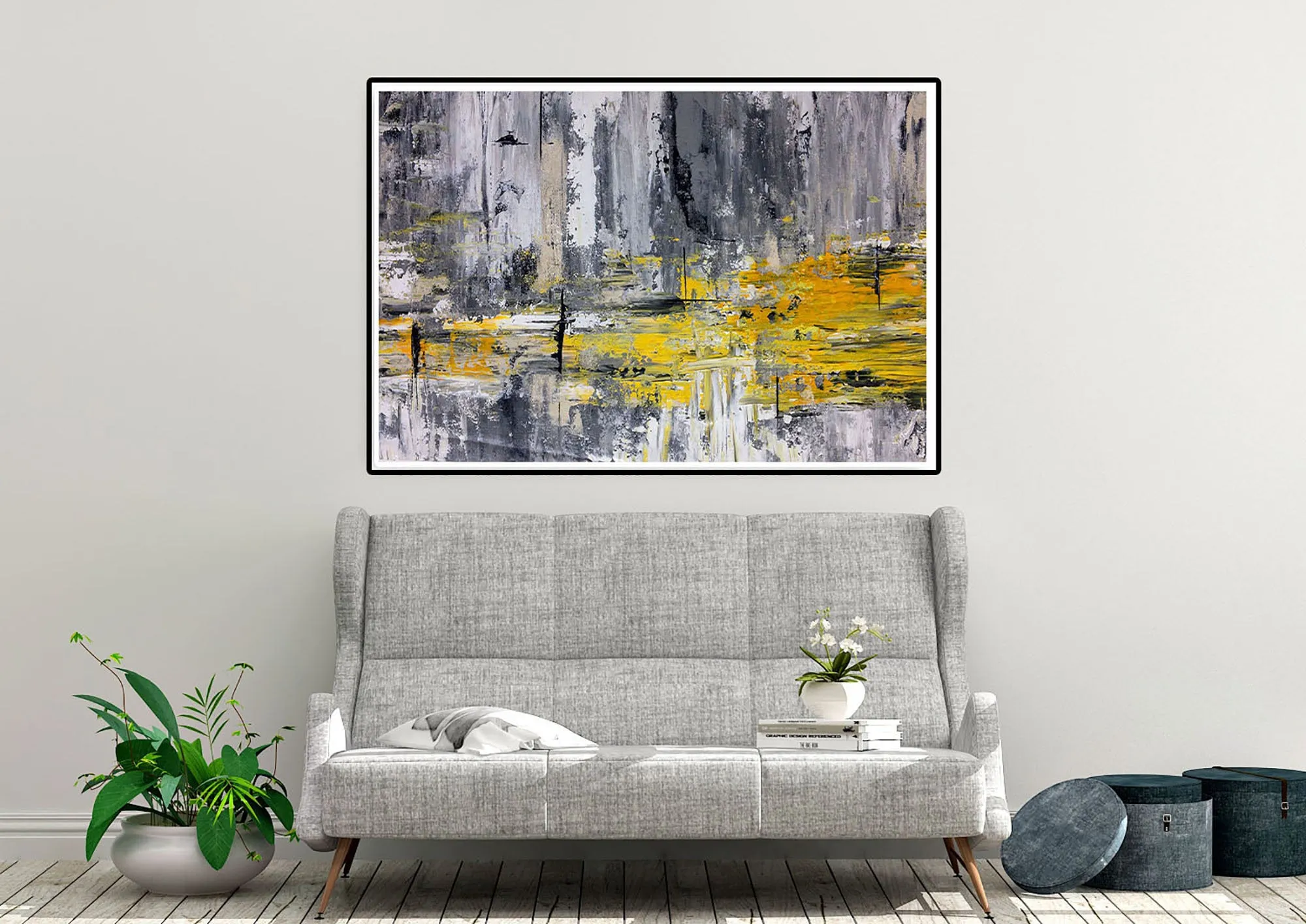 Black And White Abstract Painting Yellow Knife Painting Fp086