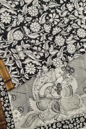 Black And White Kalamkari Hand Painted Pure Bangalore Silk Saree