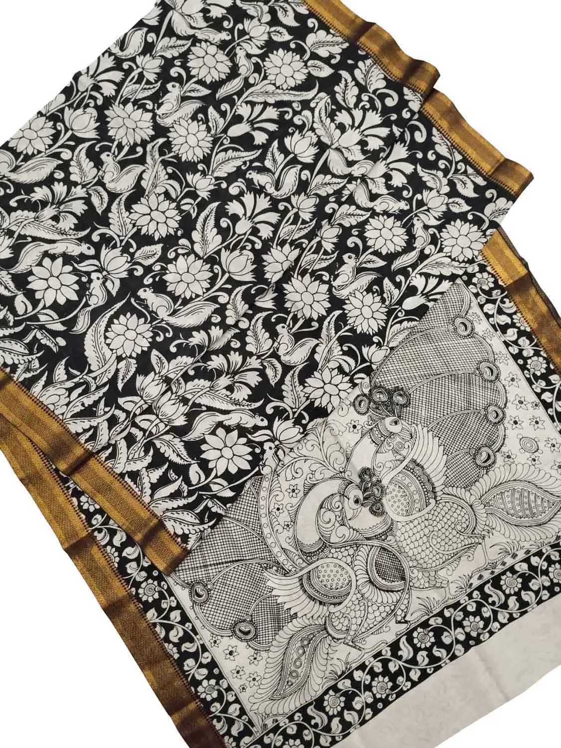 Black And White Kalamkari Hand Painted Pure Bangalore Silk Saree