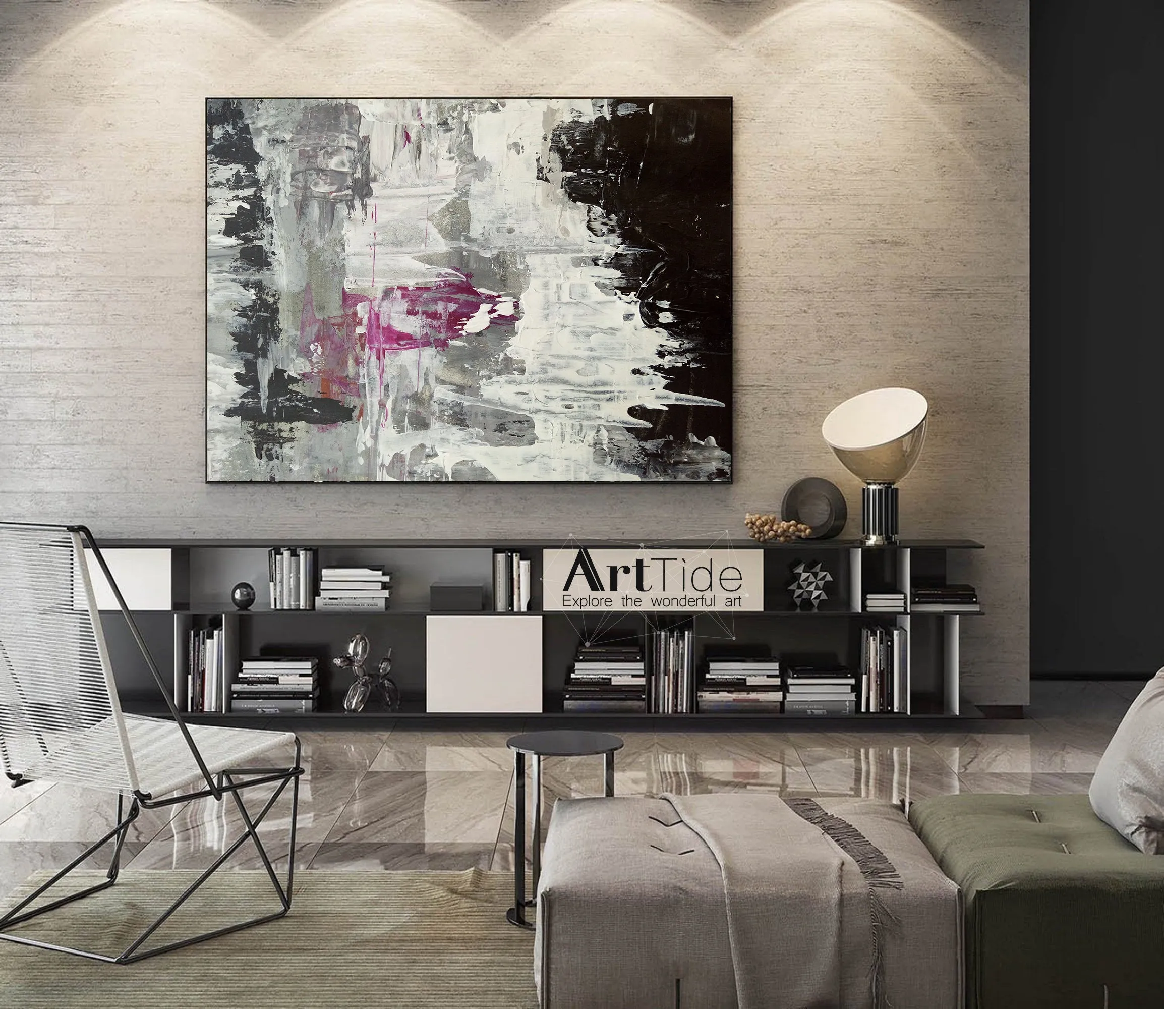 Black And White Pink Abstract Painting Big Contemporary Art Ap003