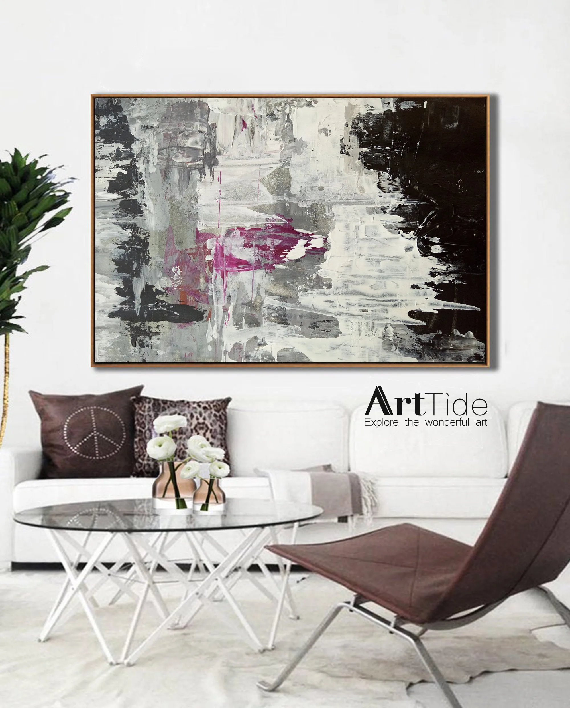 Black And White Pink Abstract Painting Big Contemporary Art Ap003