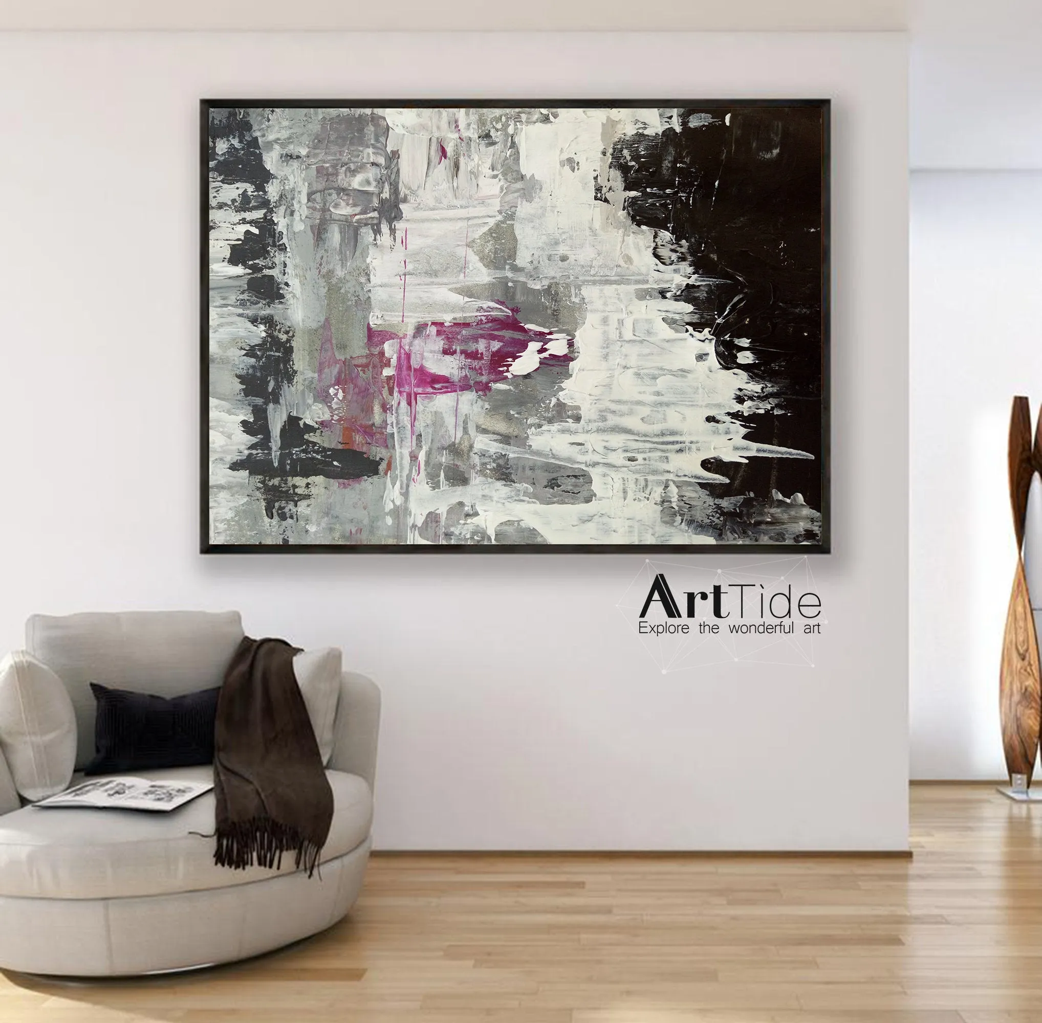 Black And White Pink Abstract Painting Big Contemporary Art Ap003