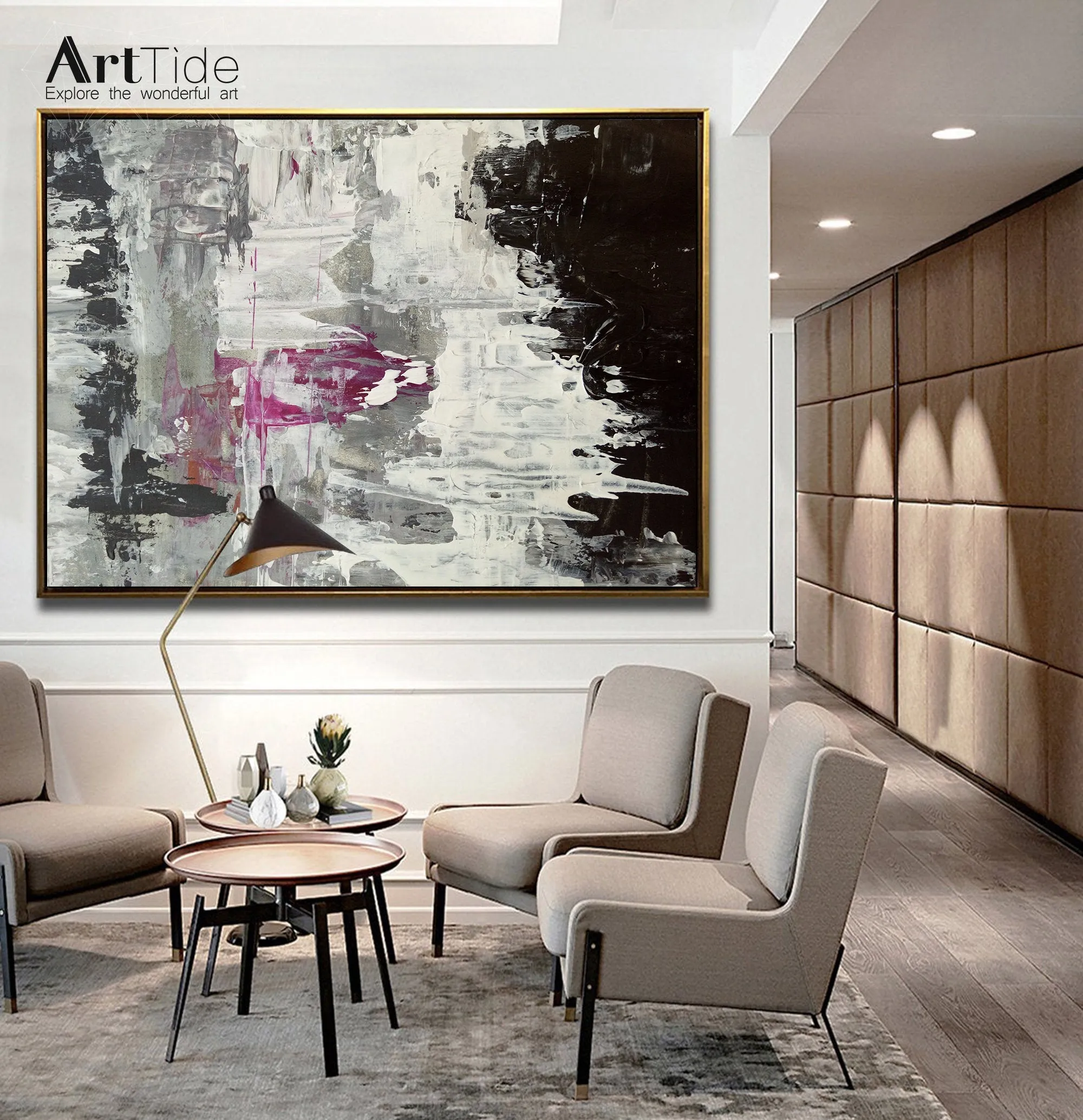 Black And White Pink Abstract Painting Big Contemporary Art Ap003