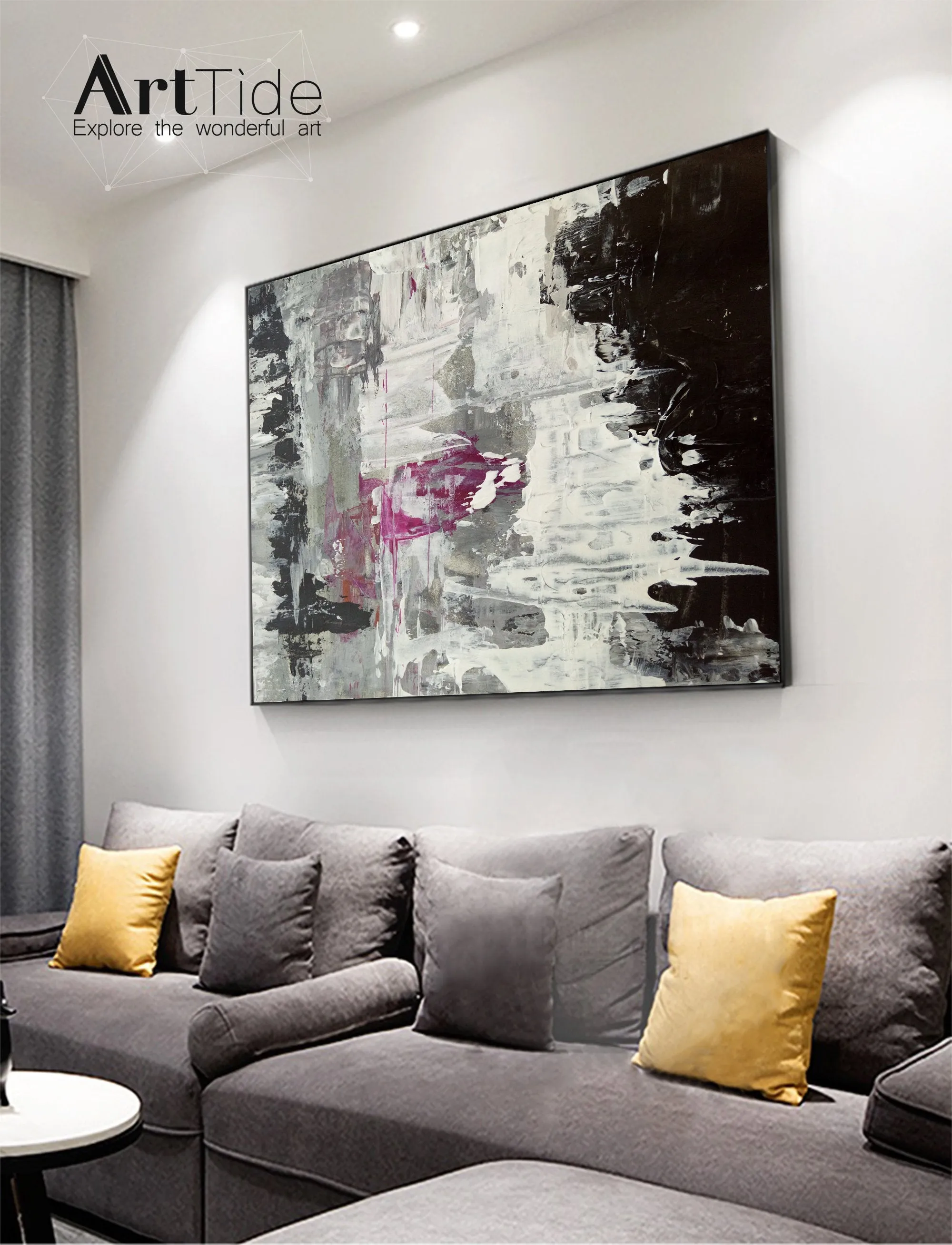 Black And White Pink Abstract Painting Big Contemporary Art Ap003