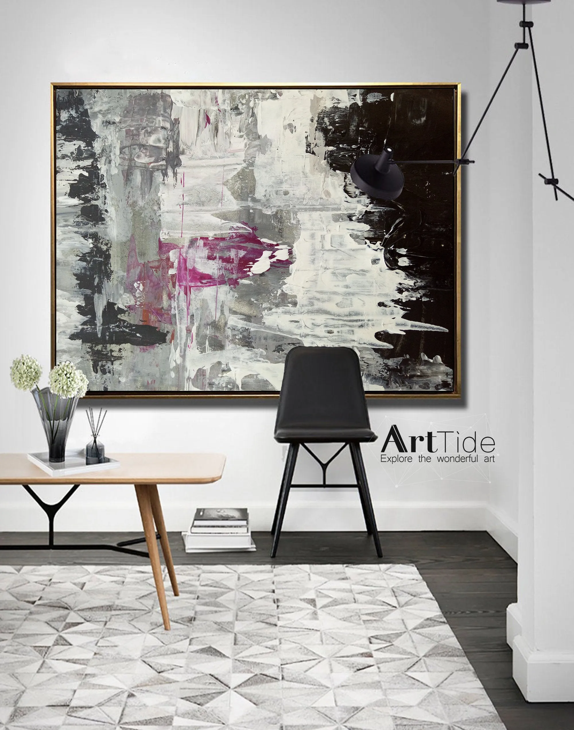 Black And White Pink Abstract Painting Big Contemporary Art Ap003