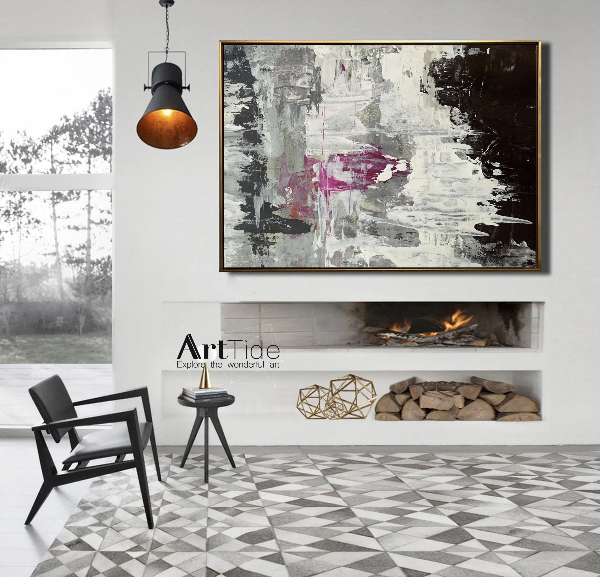 Black And White Pink Abstract Painting Big Contemporary Art Ap003