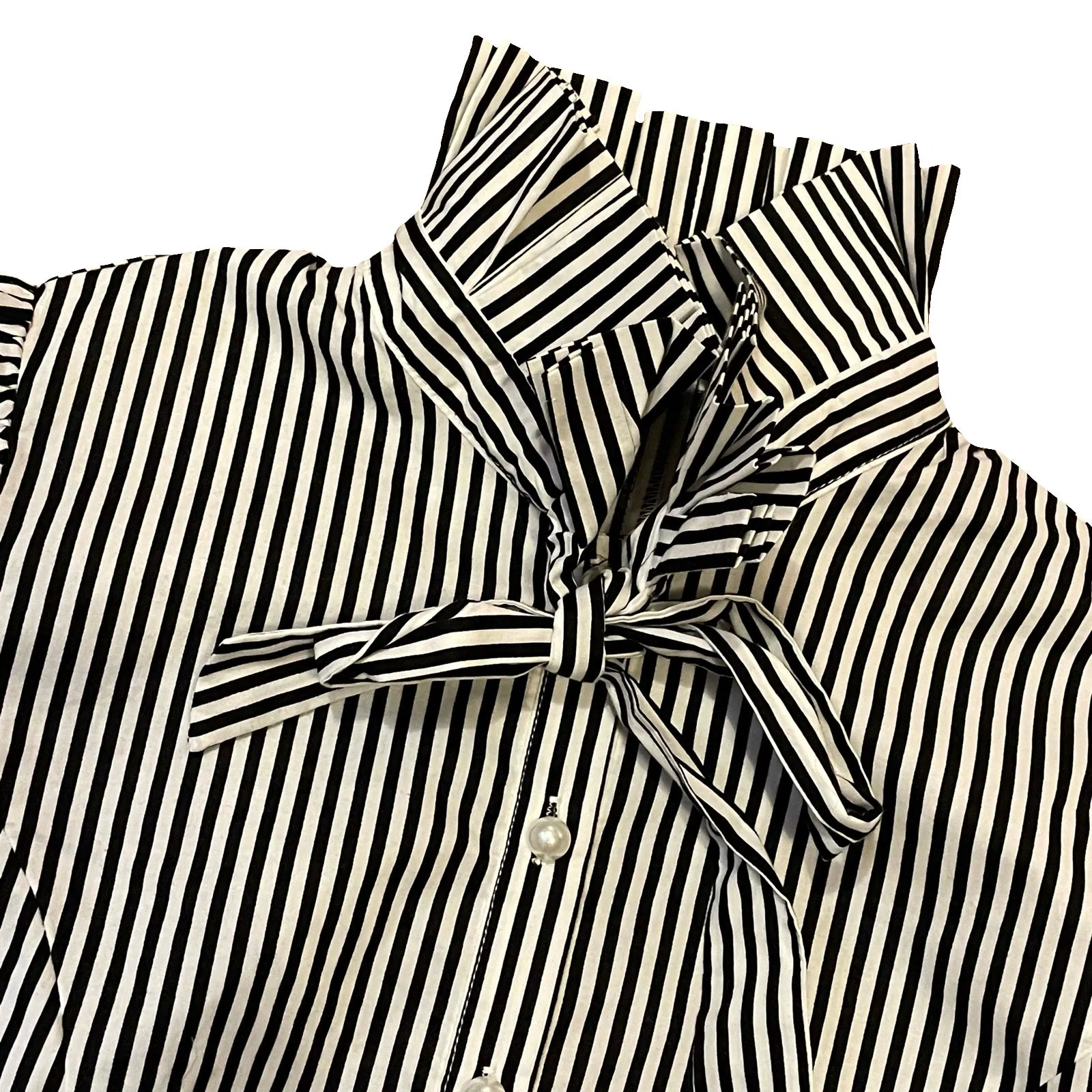 Black and White Pinstripe Ruffle Bow Collar Pearl Button Top