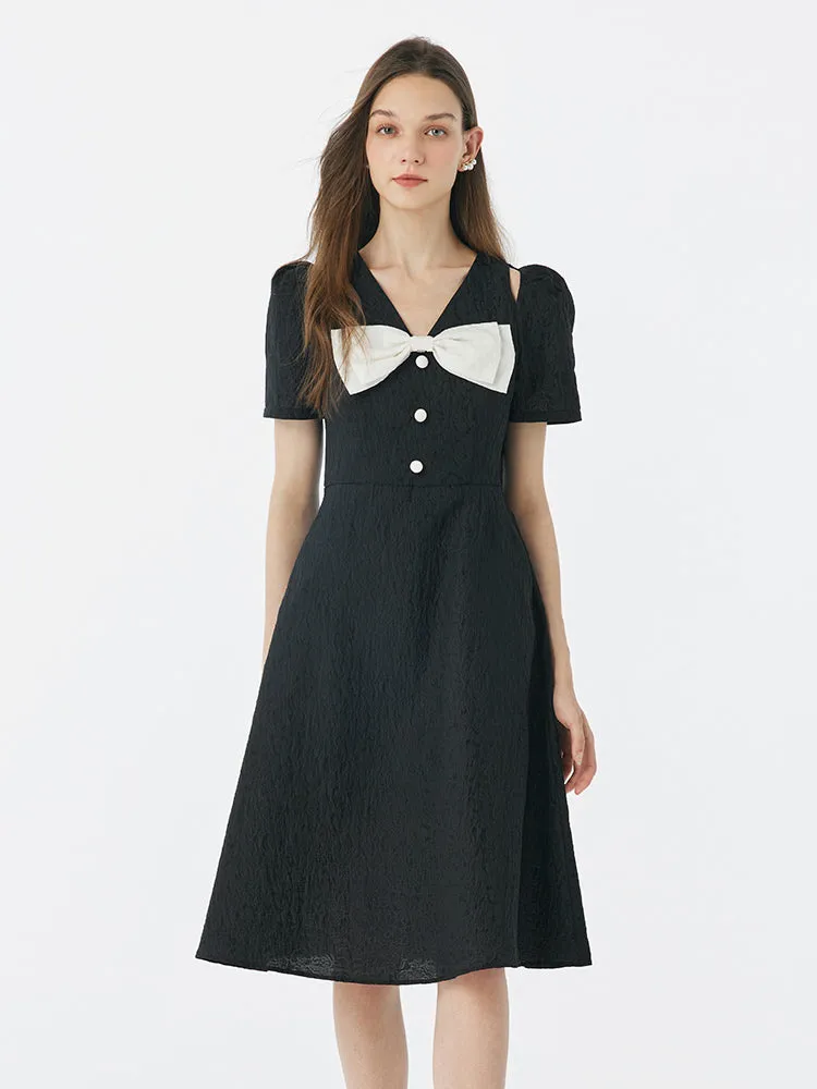 Black Detachable Bowknot Jacquard High Waist Maxi Dress