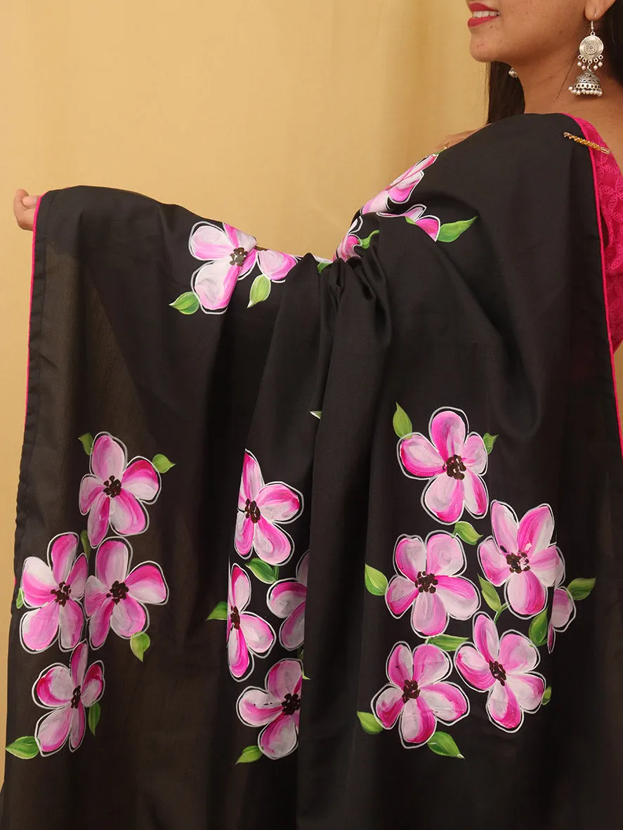 Black Hand Painted Recycled Fabric Saree