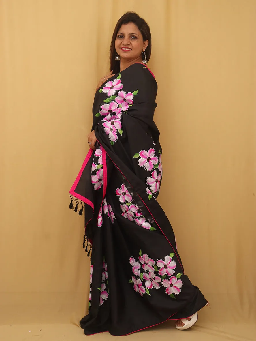 Black Hand Painted Recycled Fabric Saree