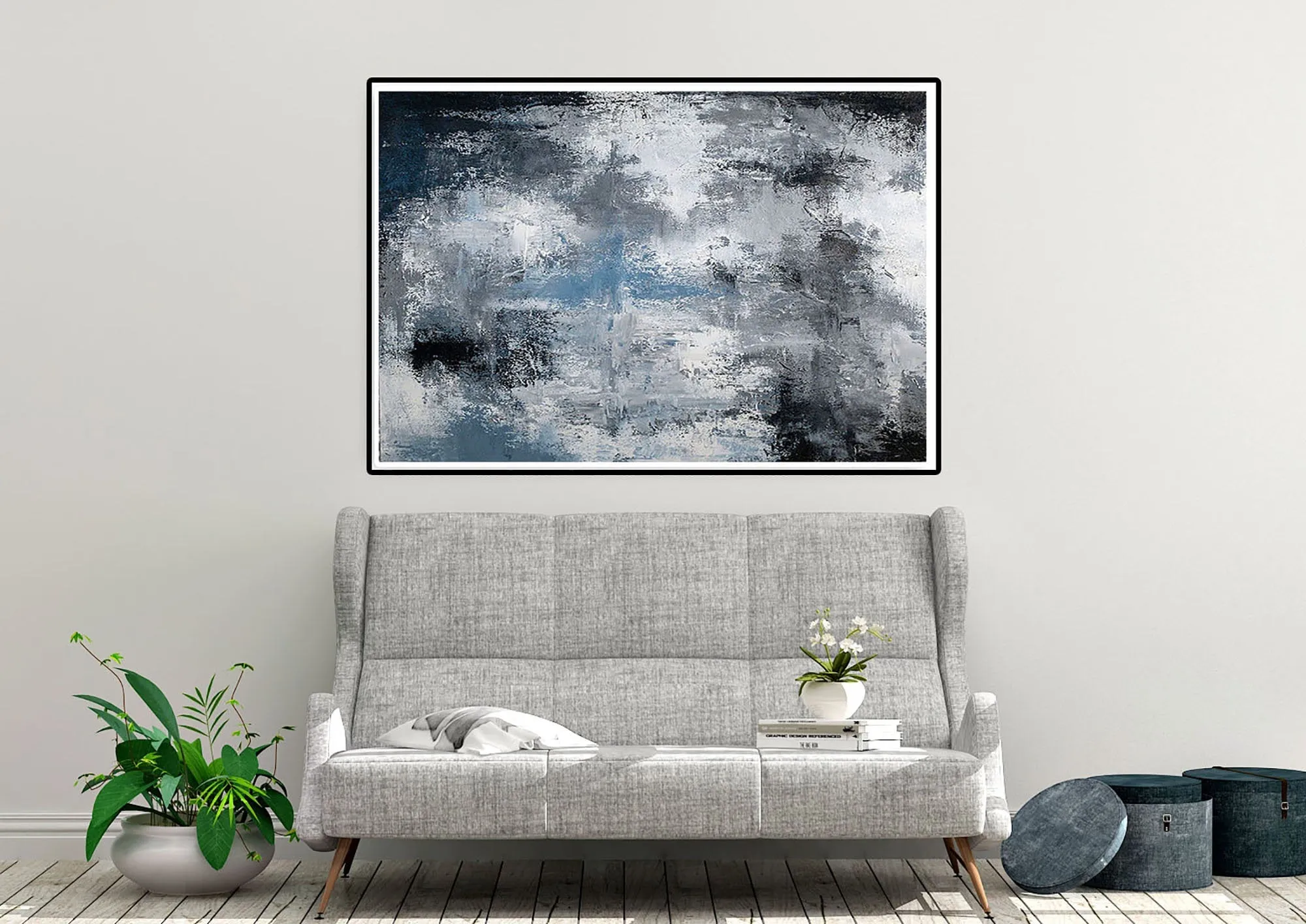 Black White Blue Abstract Painting Modern Paintings Fp028