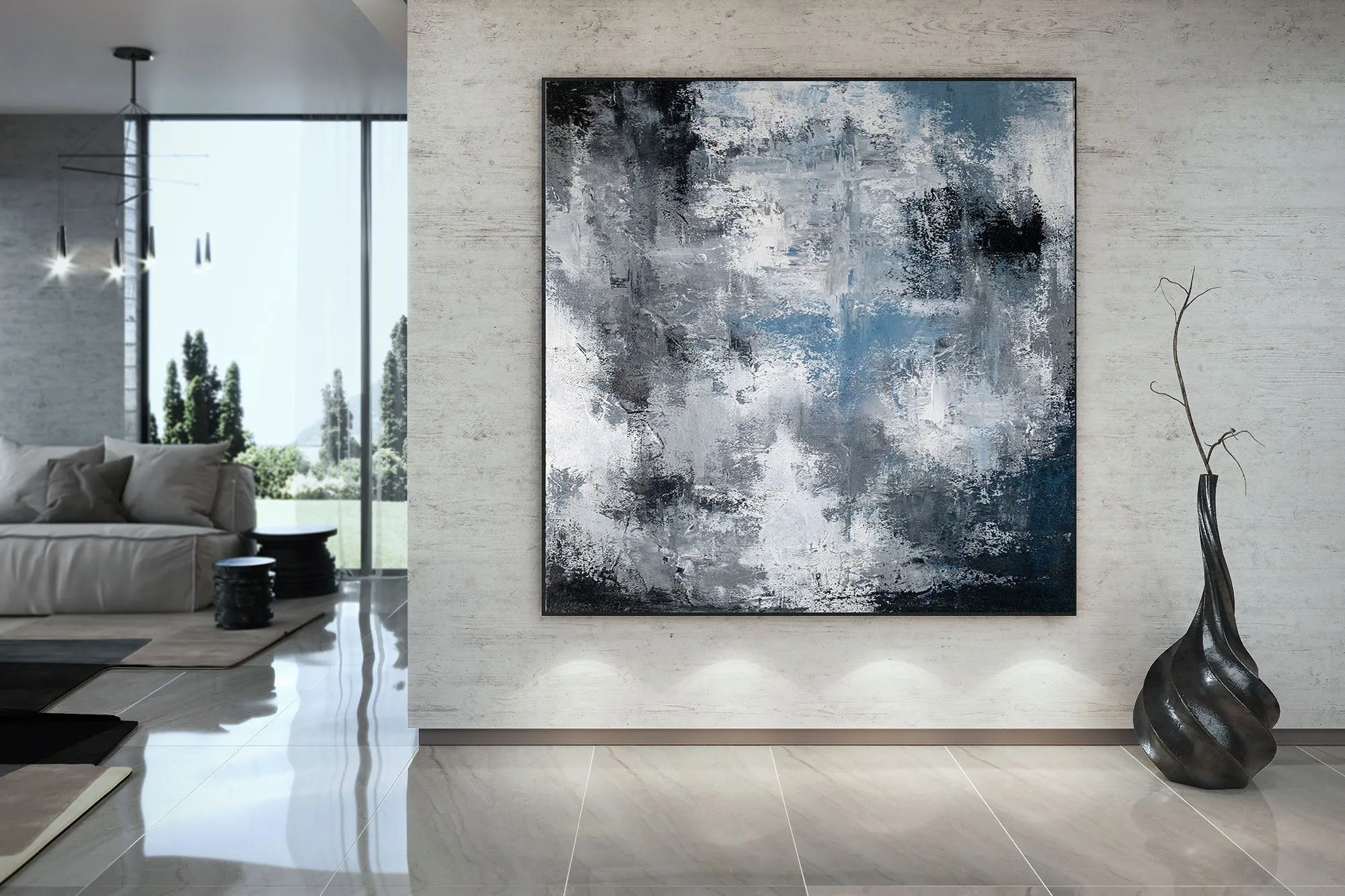 Black White Blue Abstract Painting Modern Paintings Fp028