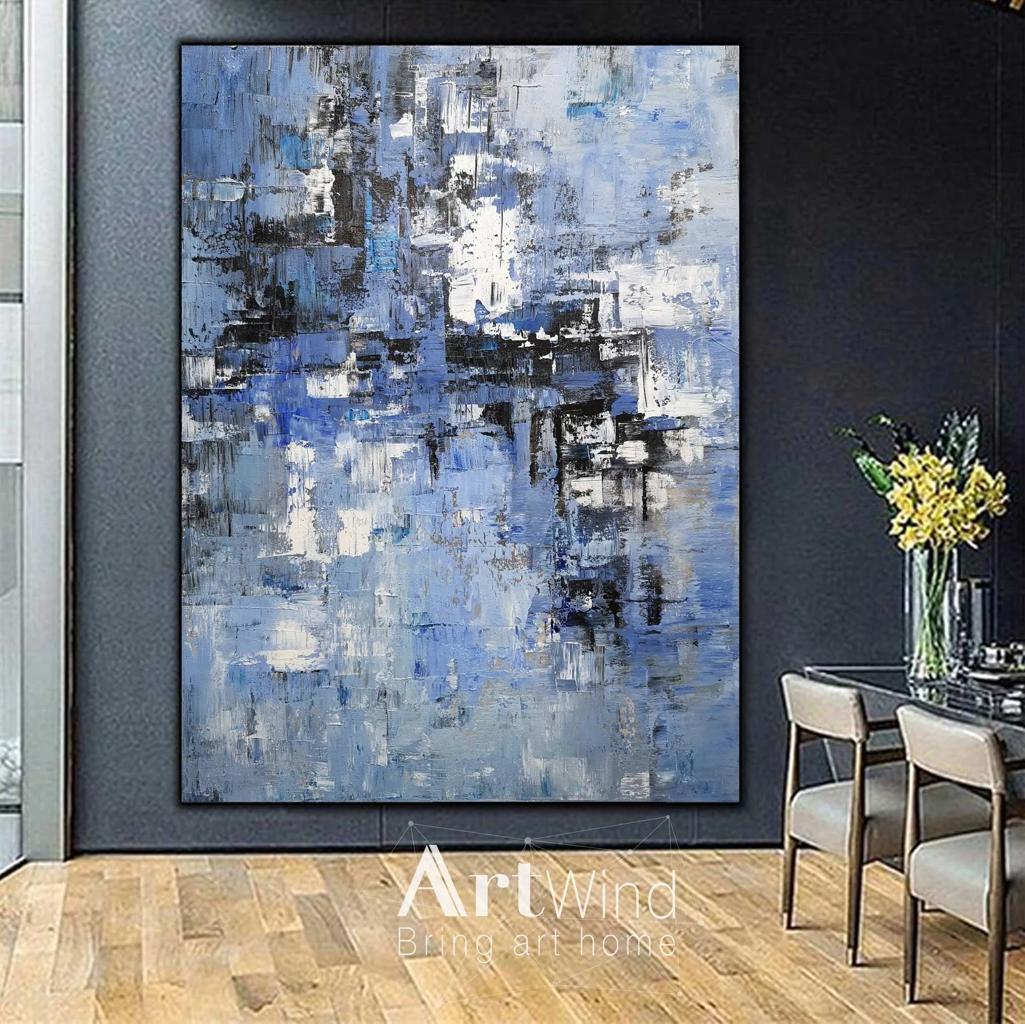 Blue Abstract Painting Modern Original Painting White Abstract Handmade Dp047