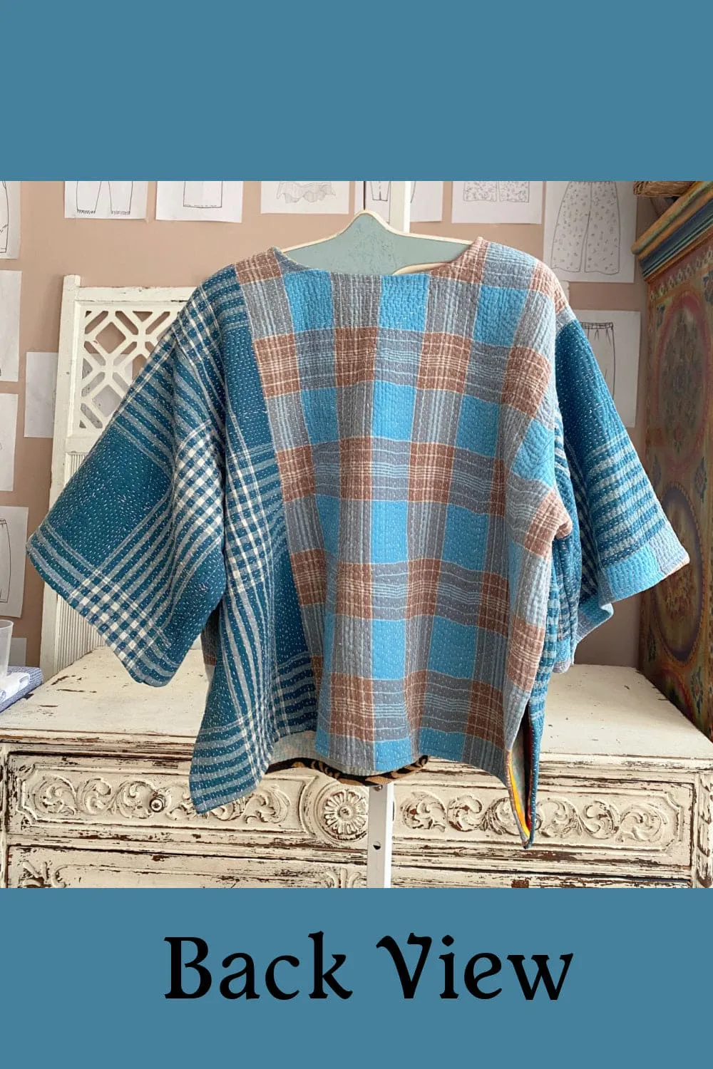 Blue Plaid Cotton Kantha Stitch Pullover