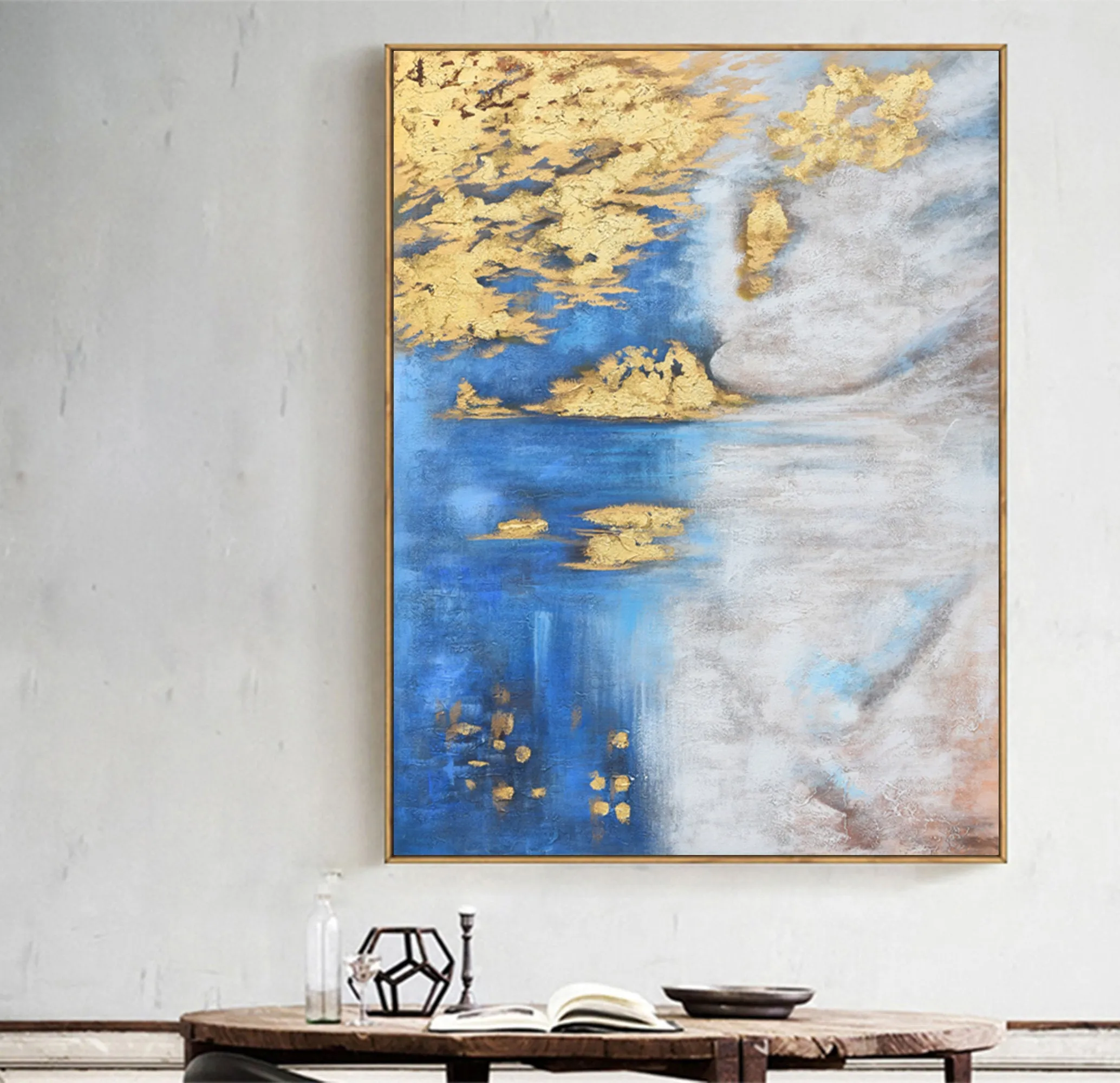 Blue White Gold Abstract Painting Oversized Artwork for Walls Op005