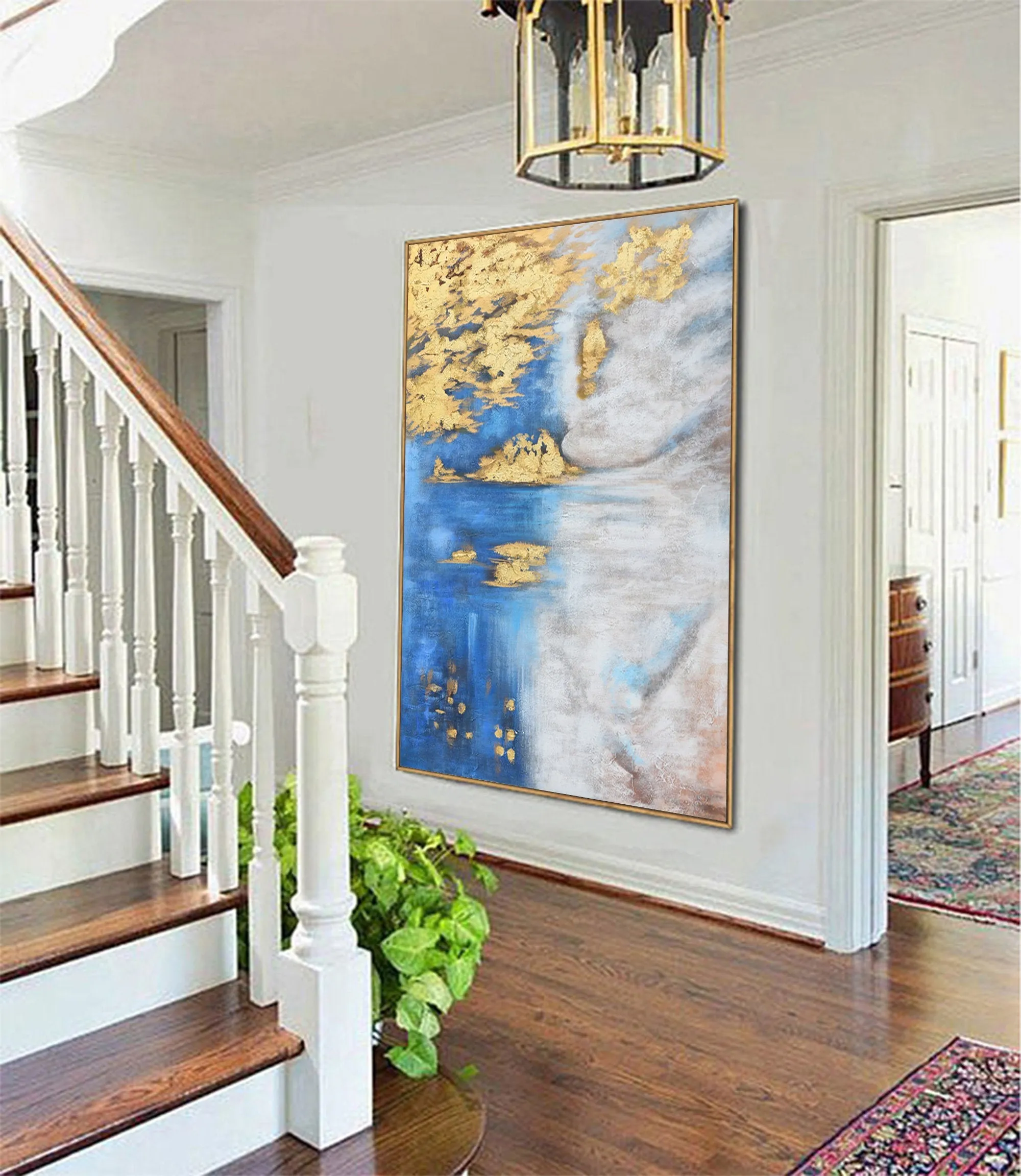 Blue White Gold Abstract Painting Oversized Artwork for Walls Op005