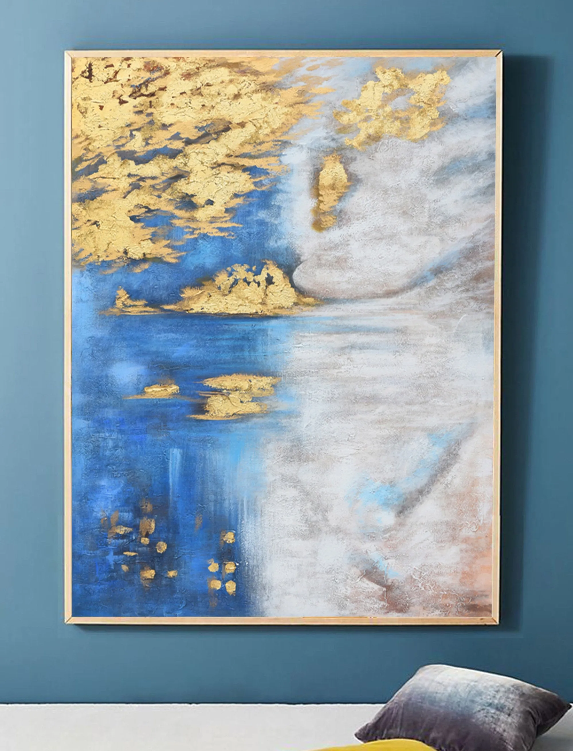 Blue White Gold Abstract Painting Oversized Artwork for Walls Op005