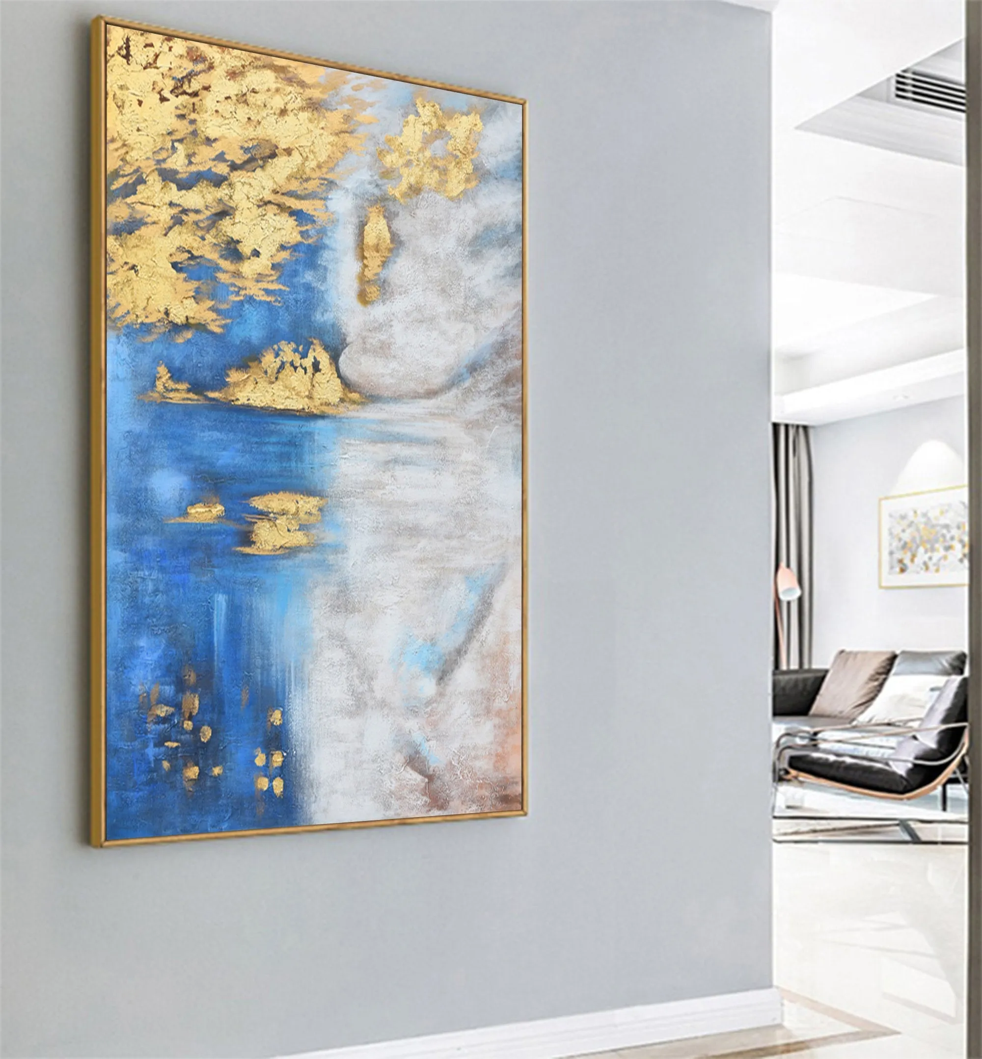 Blue White Gold Abstract Painting Oversized Artwork for Walls Op005