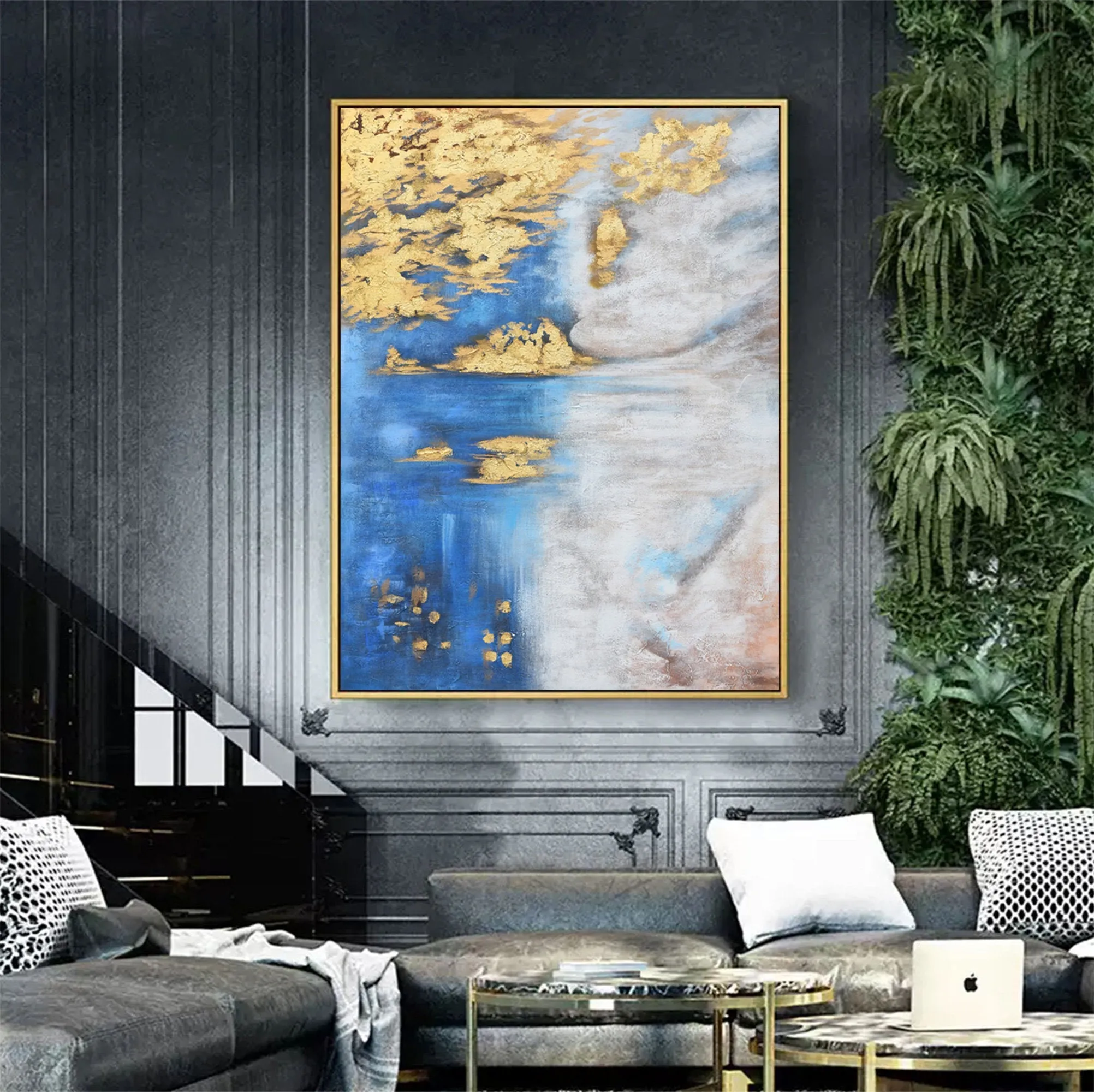 Blue White Gold Abstract Painting Oversized Artwork for Walls Op005