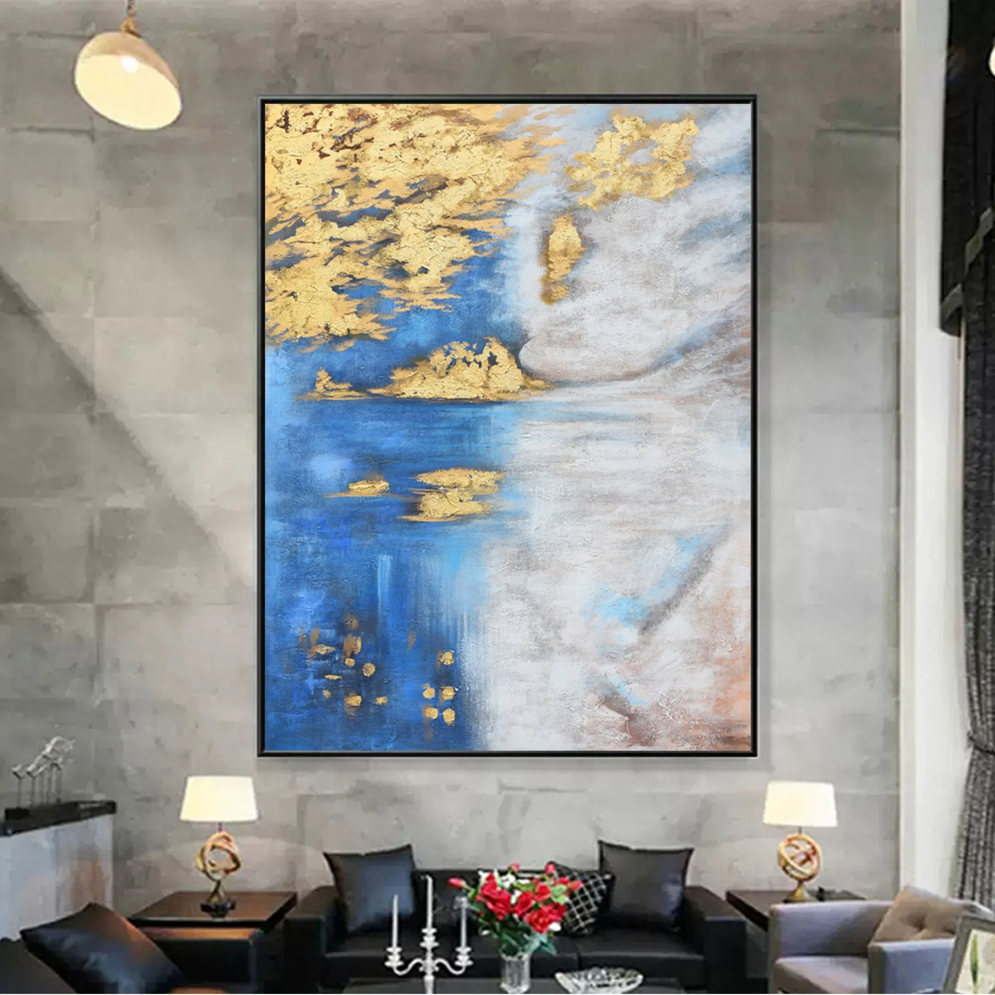 Blue White Gold Abstract Painting Oversized Artwork for Walls Op005