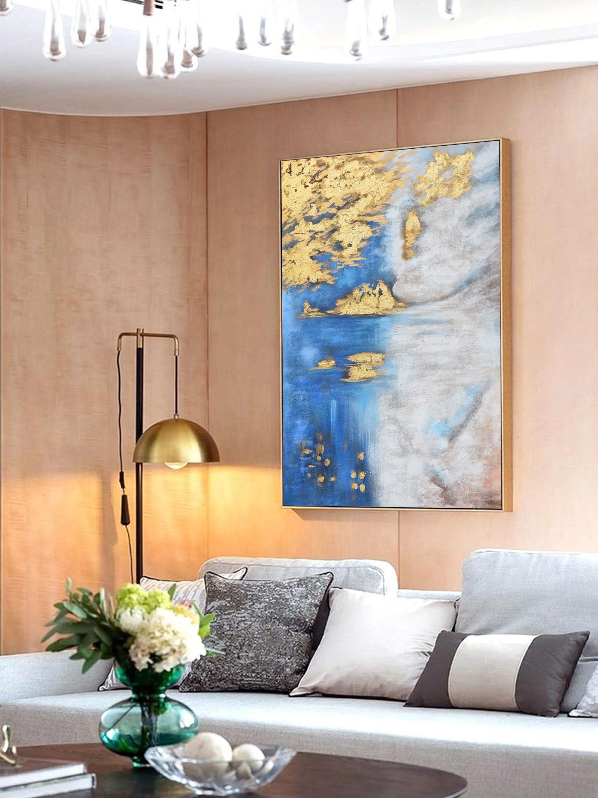 Blue White Gold Abstract Painting Oversized Artwork for Walls Op005