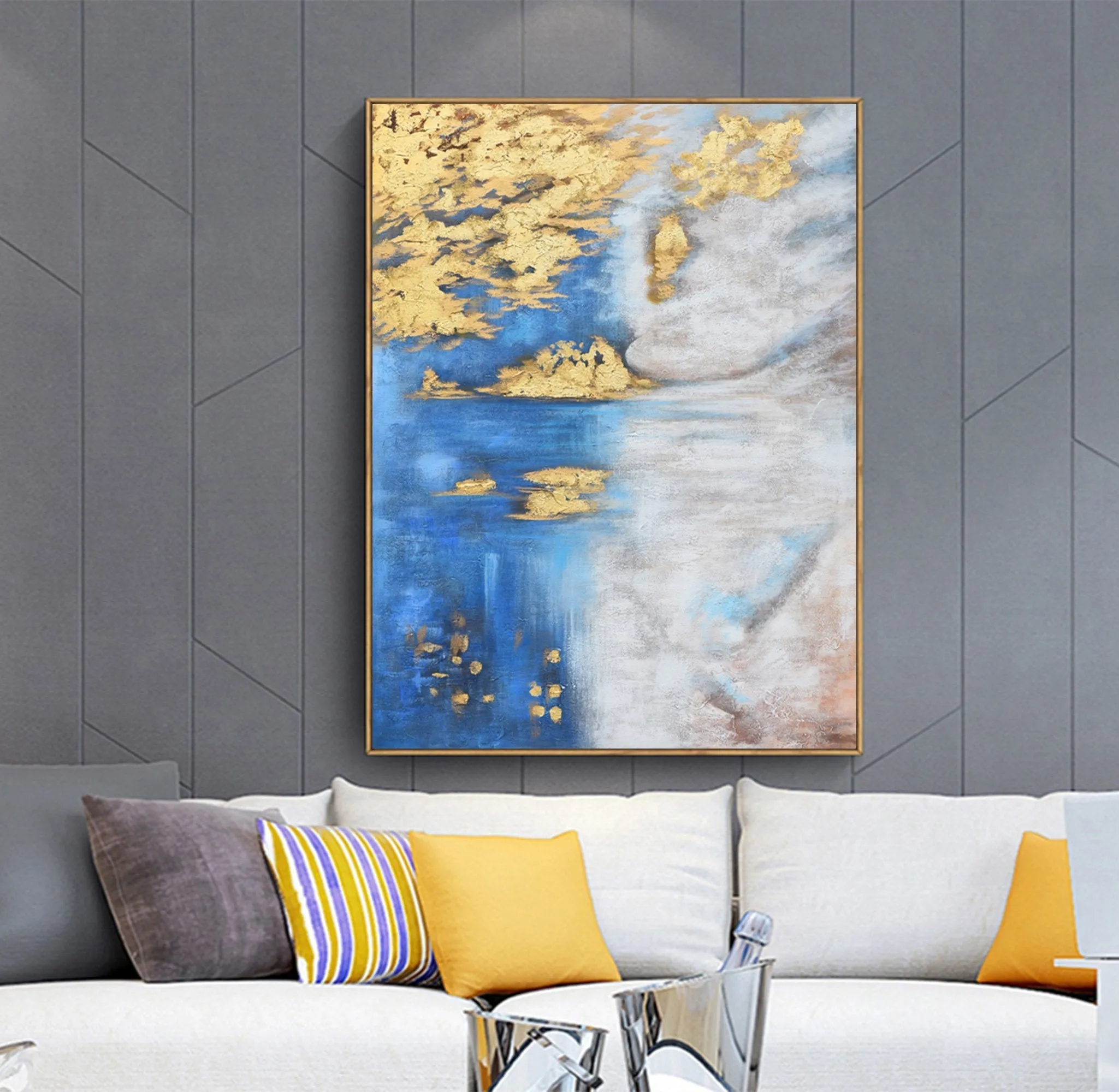 Blue White Gold Abstract Painting Oversized Artwork for Walls Op005