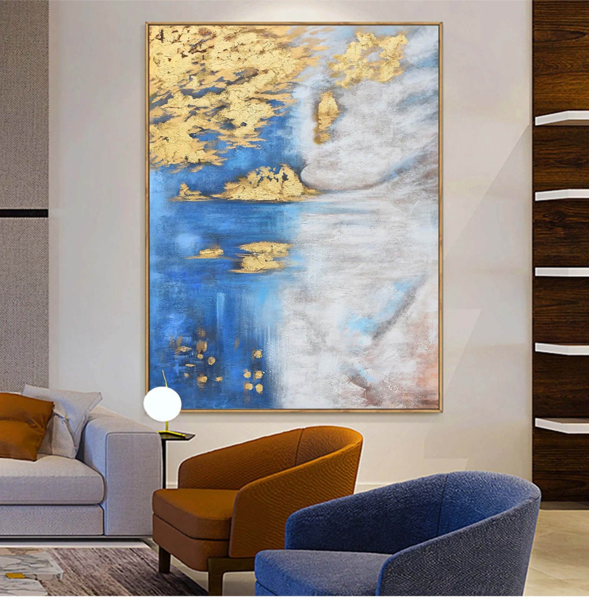 Blue White Gold Abstract Painting Oversized Artwork for Walls Op005