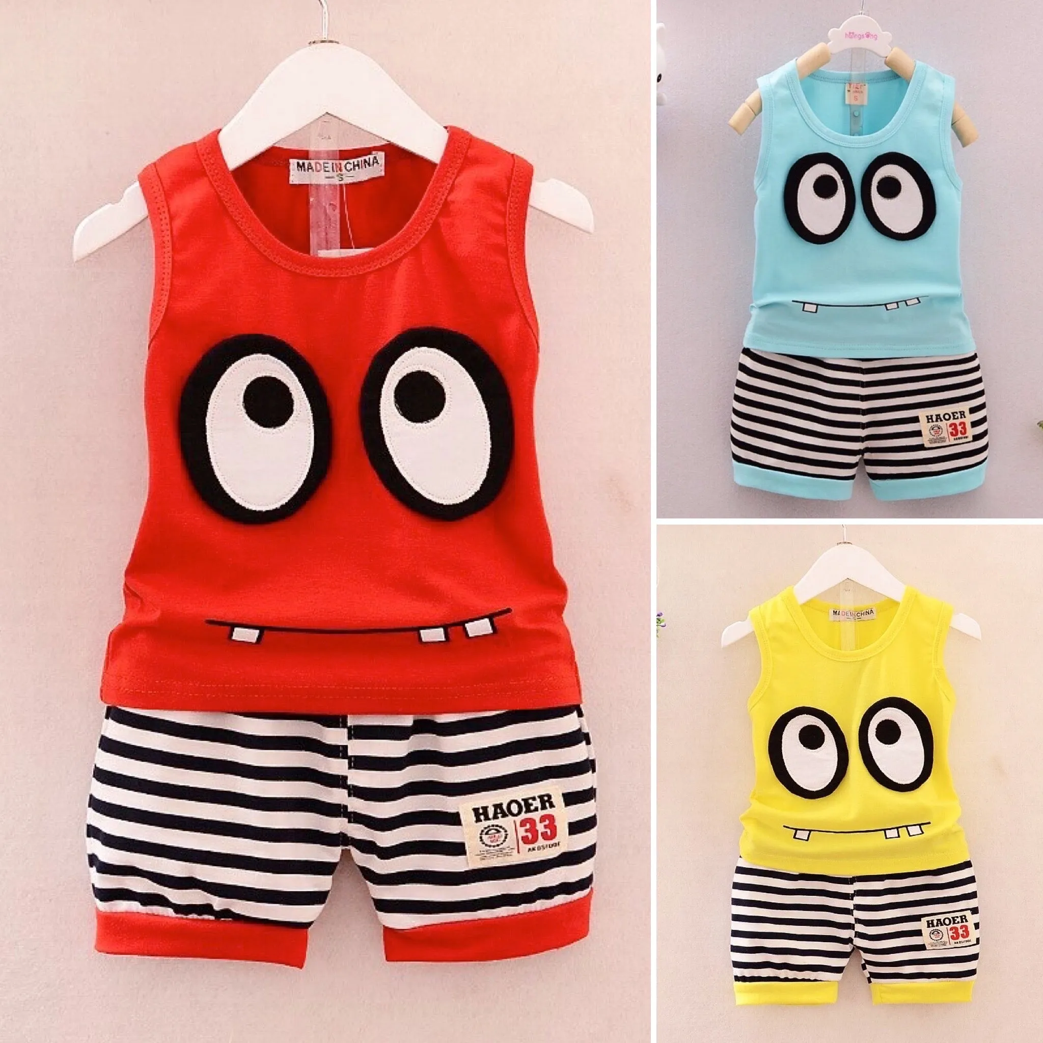 Boys And Girls Big Eyes Tank Top Shorts 2 Pcs Set