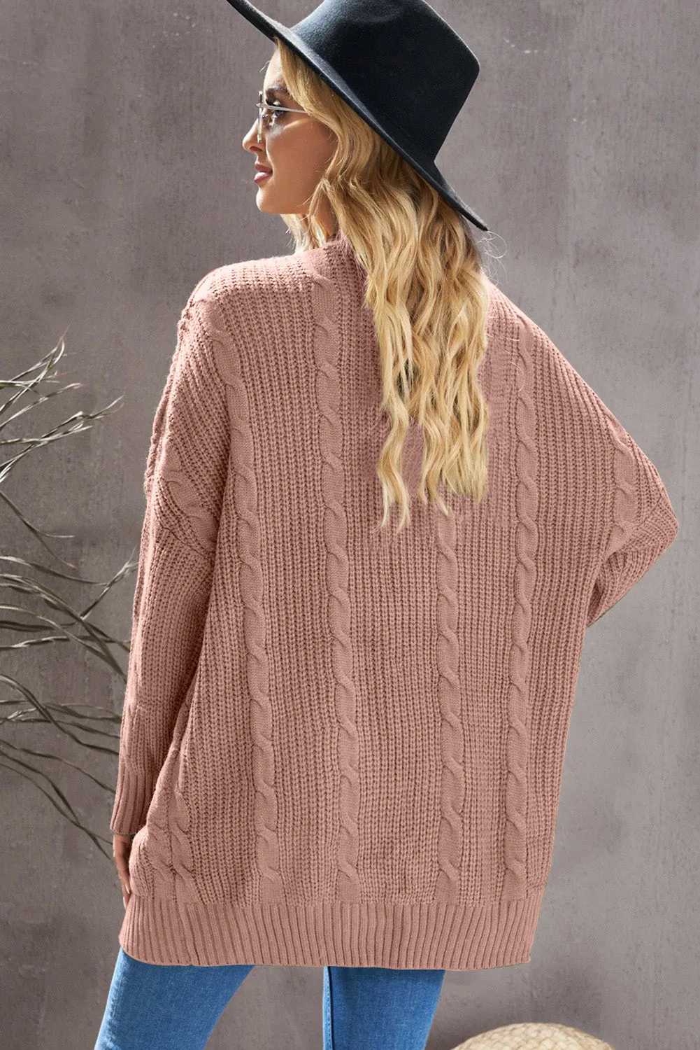 Cable-Knit Open Front Dropped Shoulder Cardigan