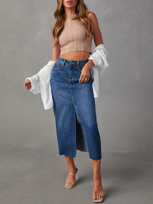 Casual Split Denim Midi Skirt