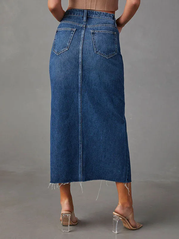 Casual Split Denim Midi Skirt